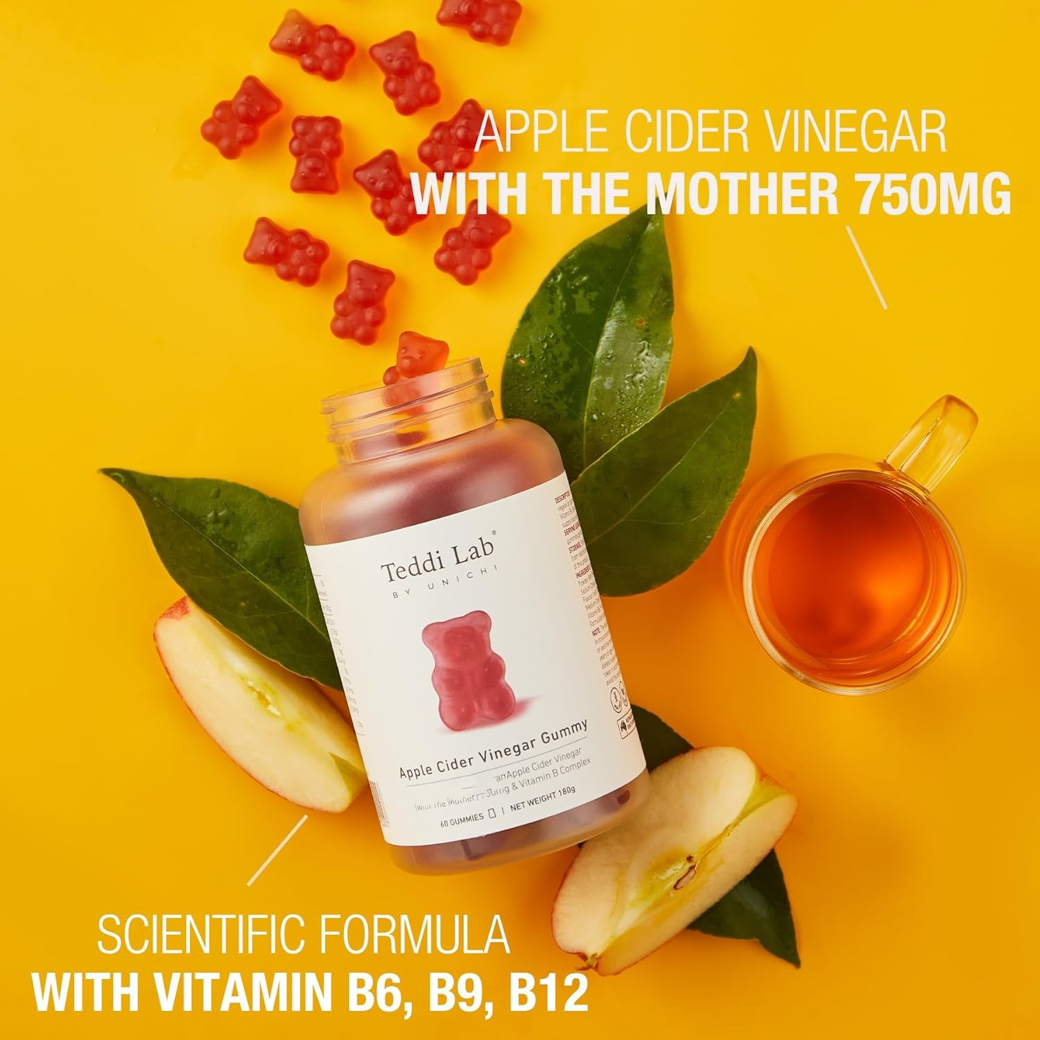 Unichi Apple Cider Vinegar Gummy with The Mother, Formulated with Vitamin B6, B9, B12，Super Tasty Apple and Lemon Flavour, 60 Count
