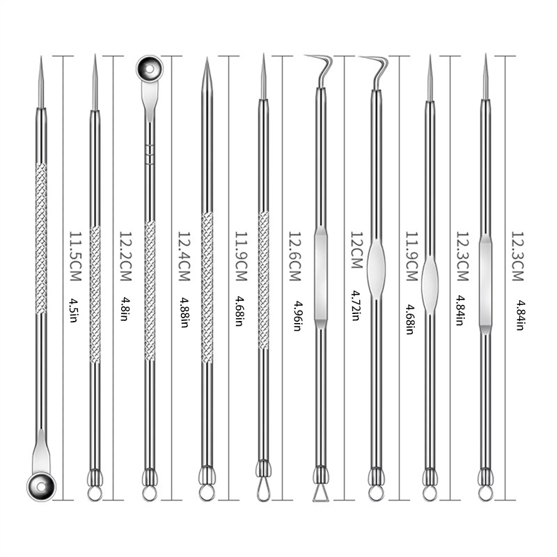 9pcs set Blackhead Remover Comedone Extractor, Curved Blackhead Tweezers Kit, Professional Stainless Pimple Acne Blemish Removal Tools Kit