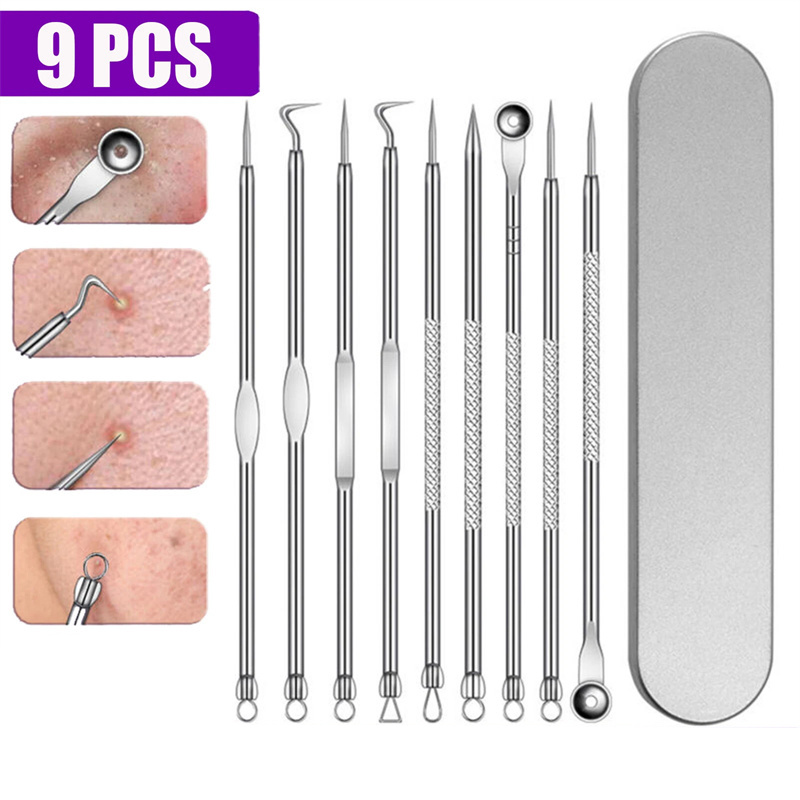 9pcs set Blackhead Remover Comedone Extractor, Curved Blackhead Tweezers Kit, Professional Stainless Pimple Acne Blemish Removal Tools Kit