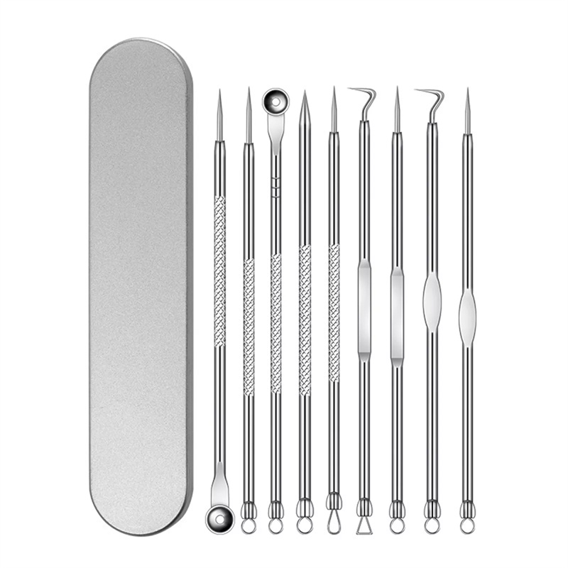 9pcs set Blackhead Remover Comedone Extractor, Curved Blackhead Tweezers Kit, Professional Stainless Pimple Acne Blemish Removal Tools Kit