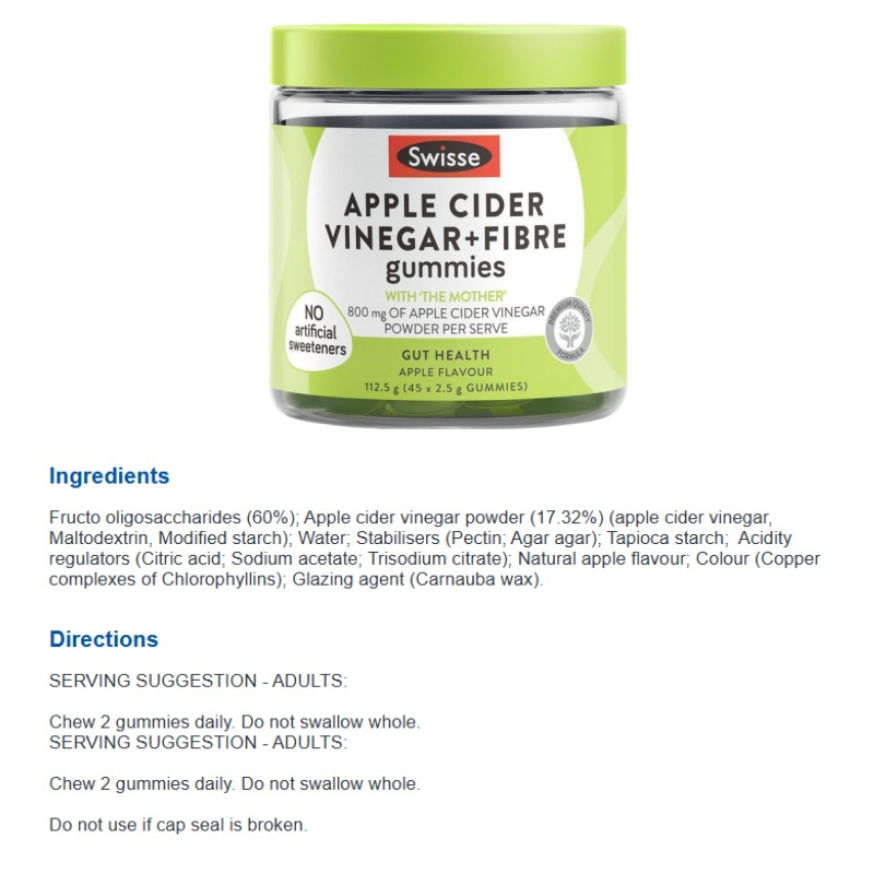 Swisse Apple Cider Vinegar & Fibre Gummies 45 Pack