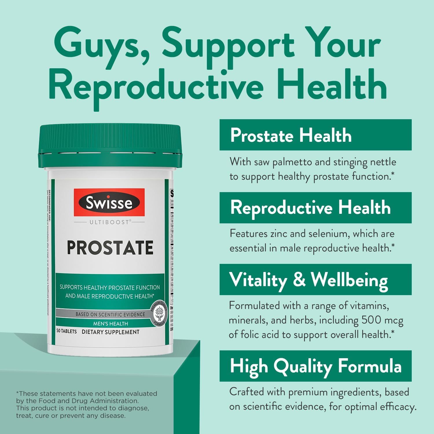 Swisse Ultiboost Prostate Supplement for Men | Supports Prostate Function & Male Reproductive Health | Zinc, Selenium, Saw Palmetto & Stinging Nettle | 50 Tablets