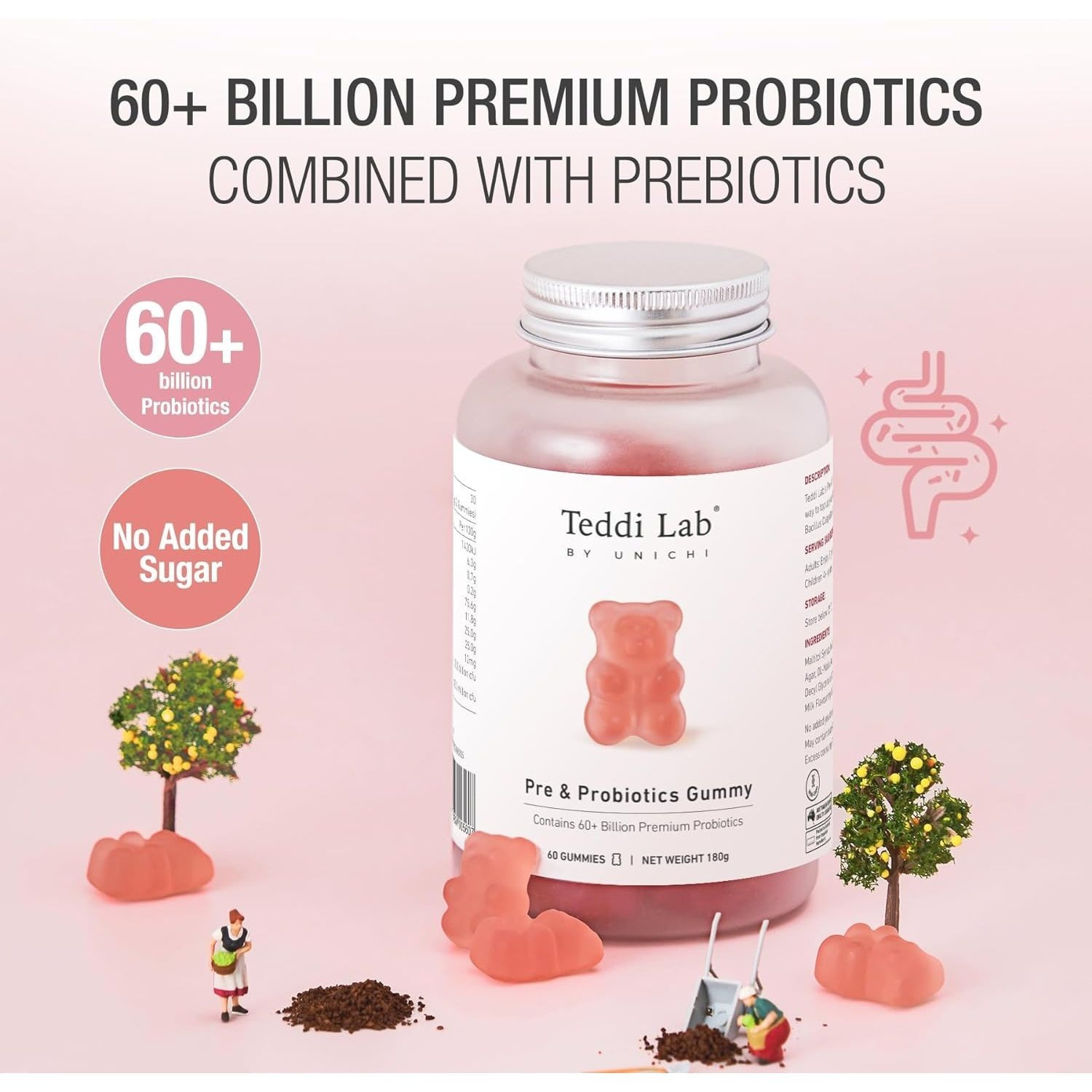 Unichi Pre & Probiotics Gummy, 60+ Billion Probiotics Combined with Prebiotic for Digestive Wellness and Inner Balance, NON-GMO, Yogurt Flavour, 60 Count