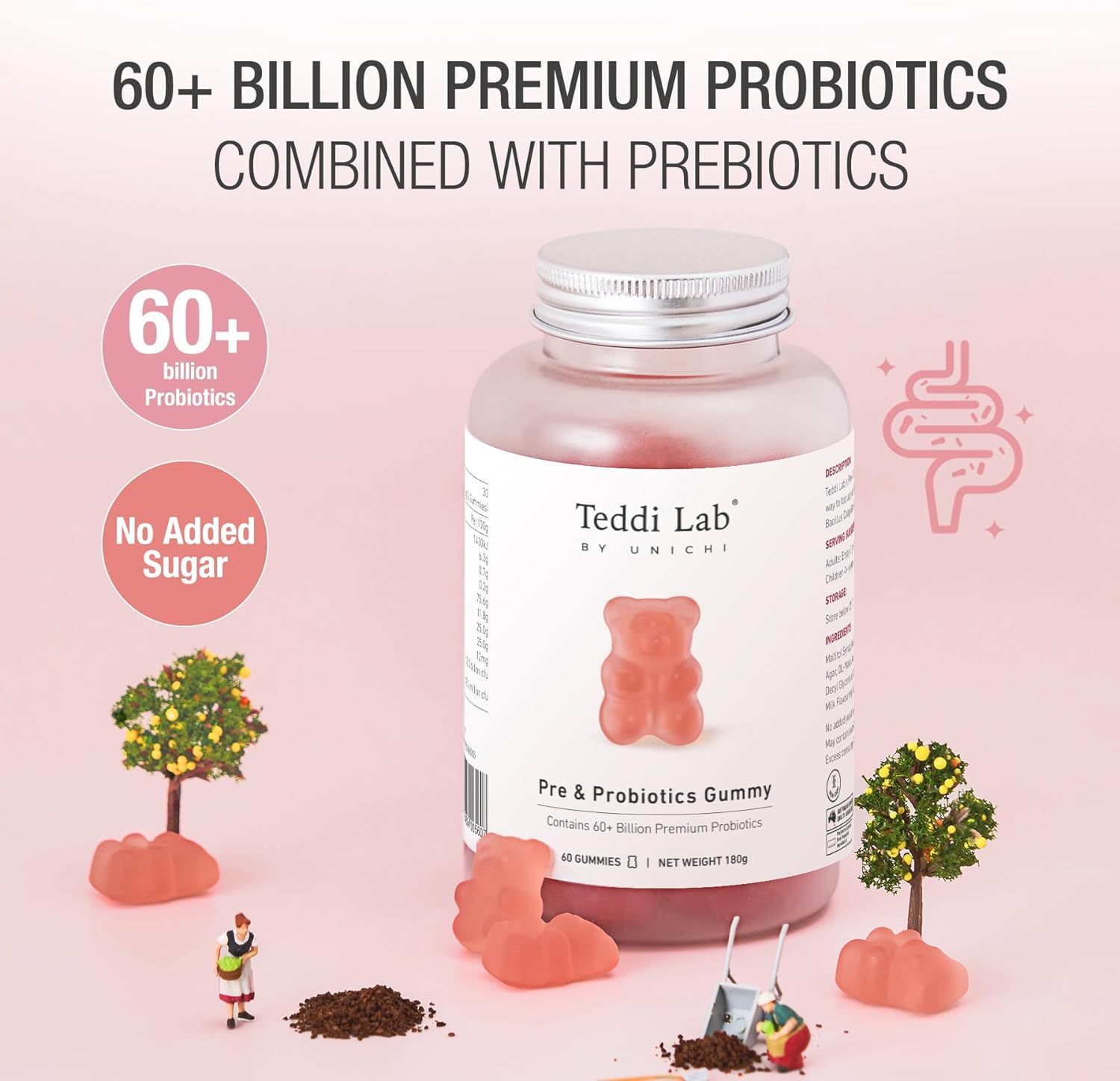 Unichi Pre & Probiotics Gummy, 60+ Billion Probiotics Combined with Prebiotic for Digestive Wellness and Inner Balance, NON-GMO, Yogurt Flavour, 60 Count
