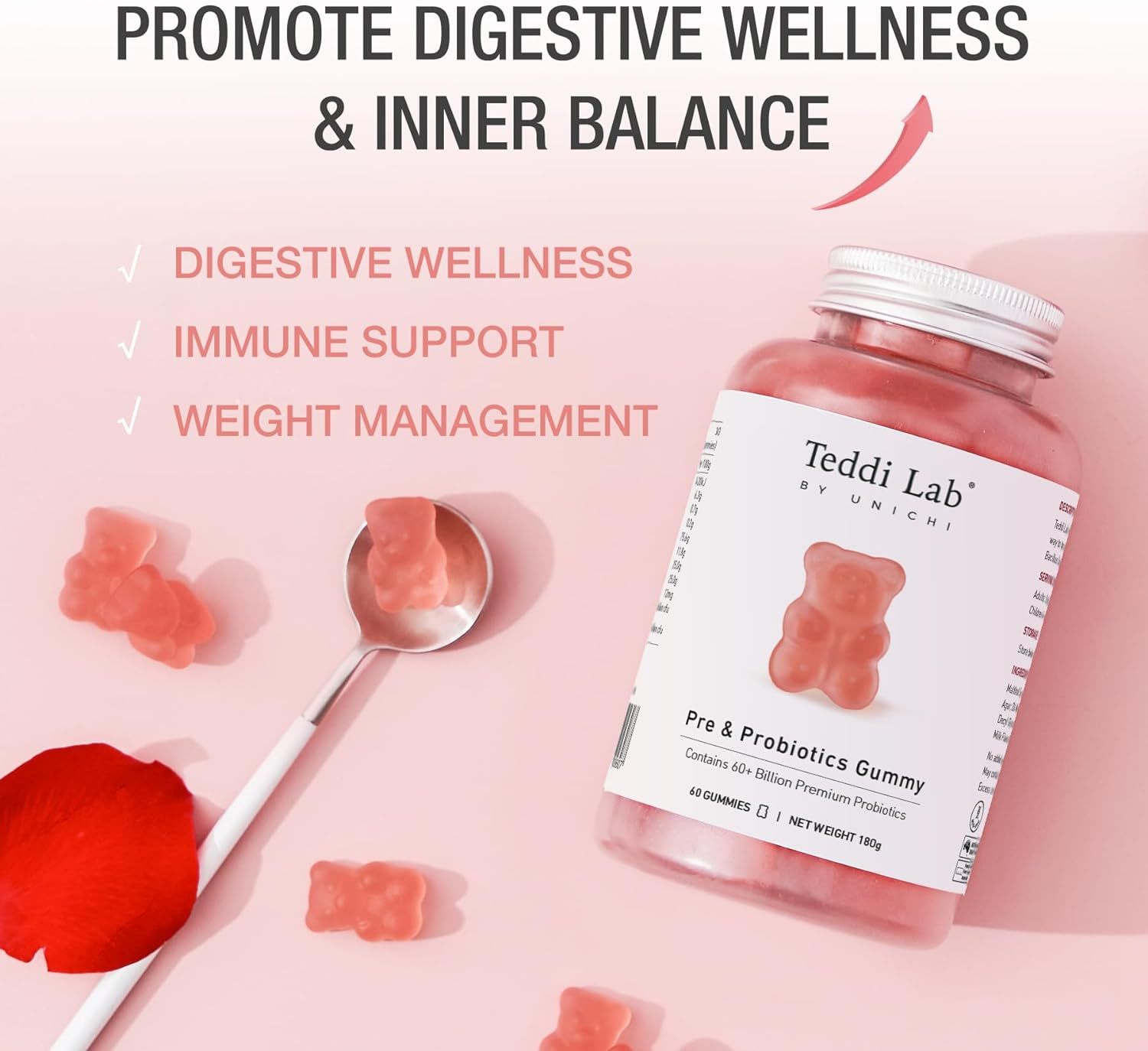 Unichi Pre & Probiotics Gummy, 60+ Billion Probiotics Combined with Prebiotic for Digestive Wellness and Inner Balance, NON-GMO, Yogurt Flavour, 60 Count