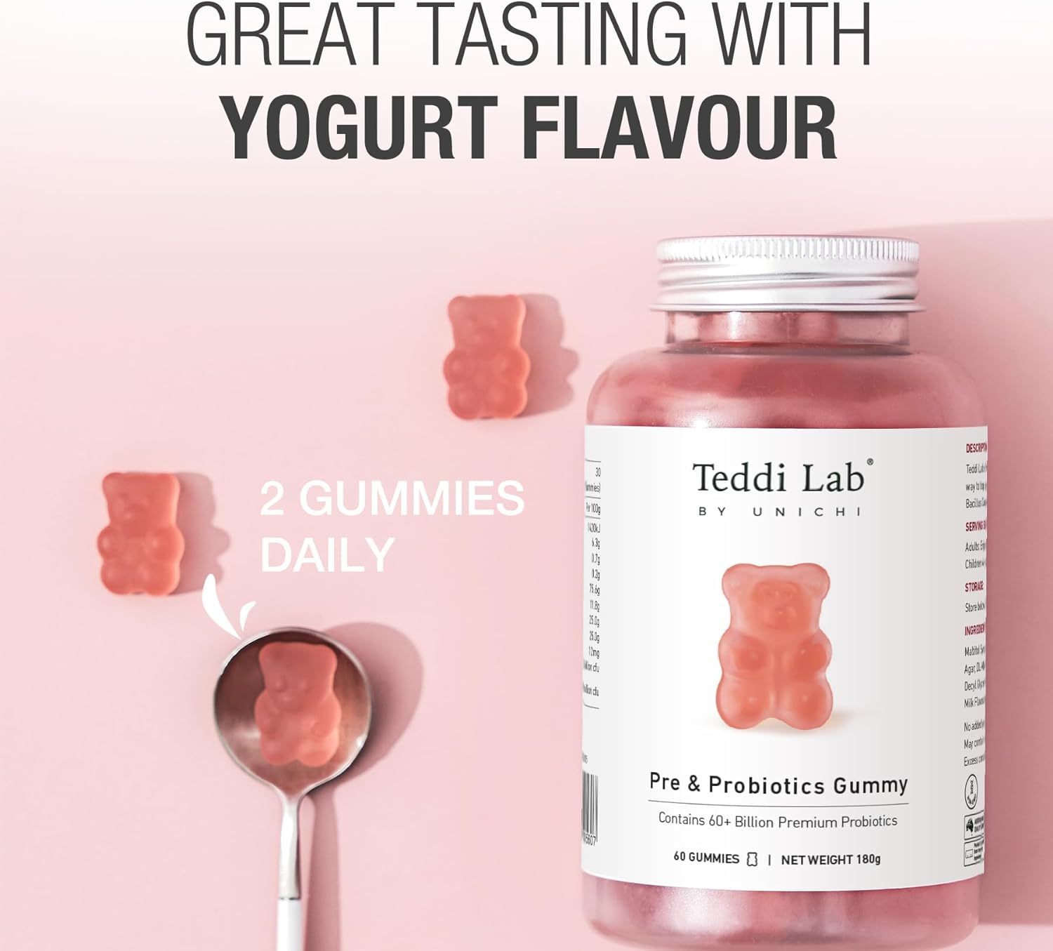 Unichi Pre & Probiotics Gummy, 60+ Billion Probiotics Combined with Prebiotic for Digestive Wellness and Inner Balance, NON-GMO, Yogurt Flavour, 60 Count