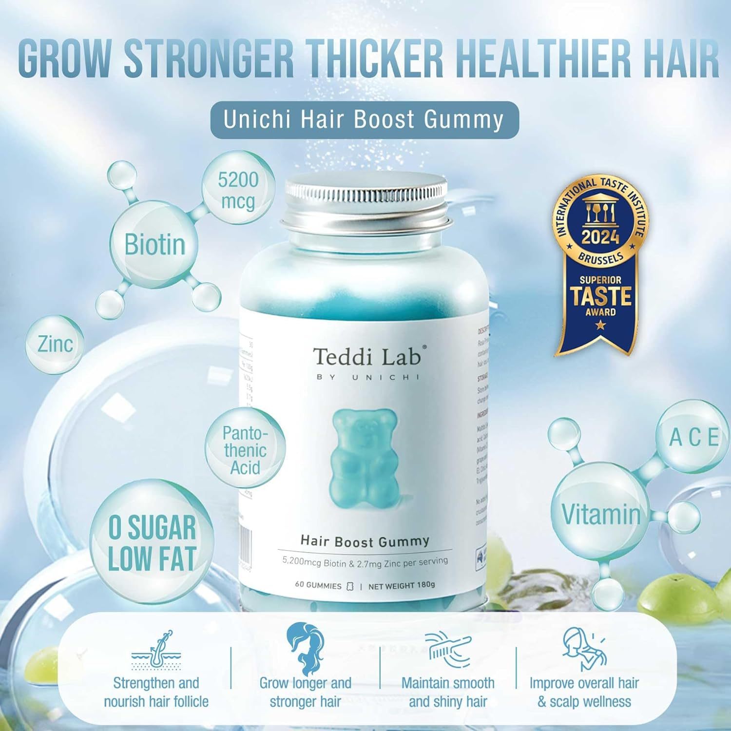 Unichi Hair Boost Gummy PRO Australian Limited Edition, Scientifically Formulated with Exclusive Ingredient Silicassense™, Biotin, Zinc, Vitamin A, B5, B6, C & E