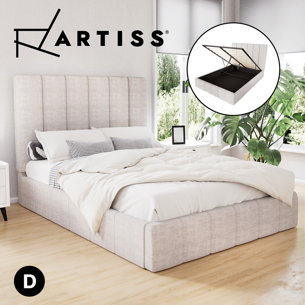 TEMU Artiss Bed Frame Double Size Gas Lift Storage Bed Base Beige