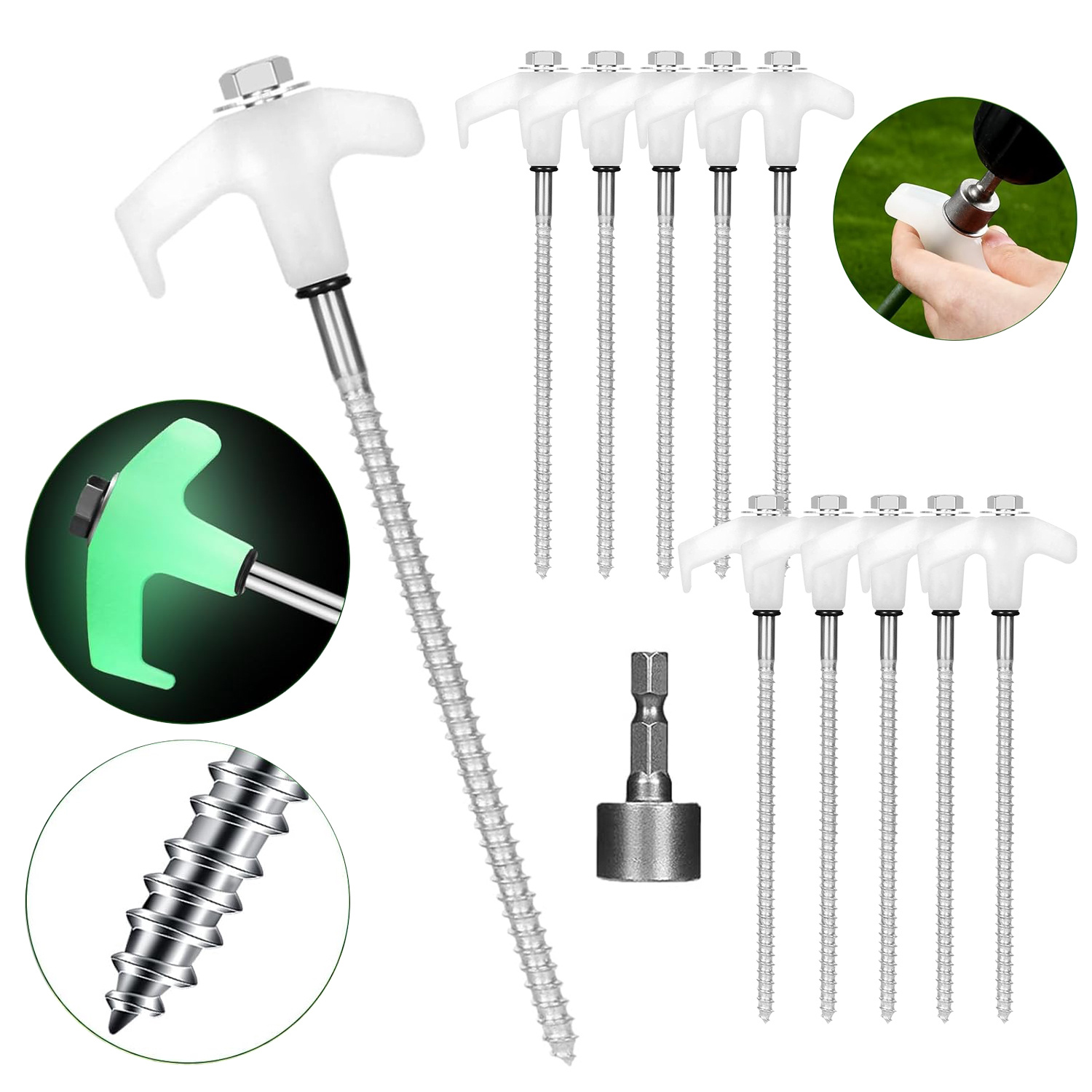 TEMU 10pcs Tent Pegs Heavy Duty Screw Stainless Steel In Ground Camping Outdoor Stakes, With Adaptor, Glow In The Dark Head, Carbon Steel Tent Pegs