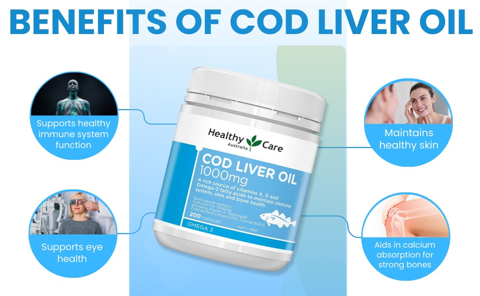 Healthy Care Cod Liver Oil Capsules - Supports Immune System, Bone & Skin Health - Premium Quality Dietary Supplement - 200 Capsules - 1000 mg