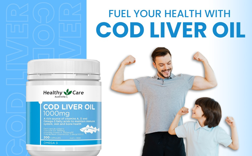 Healthy Care Cod Liver Oil Capsules - Supports Immune System, Bone & Skin Health - Premium Quality Dietary Supplement - 200 Capsules - 1000 mg