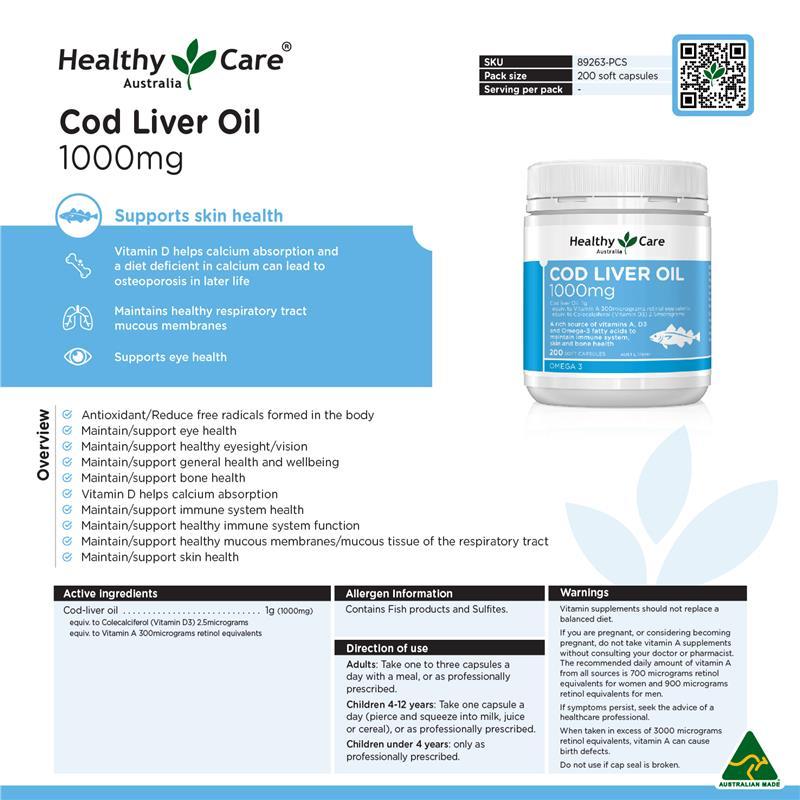 Healthy Care Cod Liver Oil Capsules - Supports Immune System, Bone & Skin Health - Premium Quality Dietary Supplement - 200 Capsules - 1000 mg