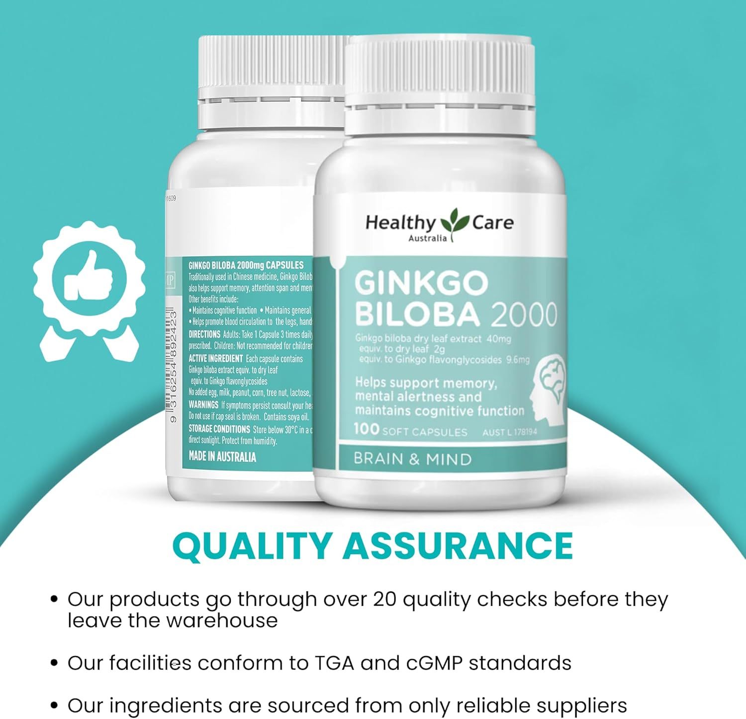 Healthy Care Ginkgo Biloba Capsules - Improves Cognitive Function & Mood Enhancement - Premium Dietary Supplement - All-Natural Ingredients - 100 Capsules - 2000 mg