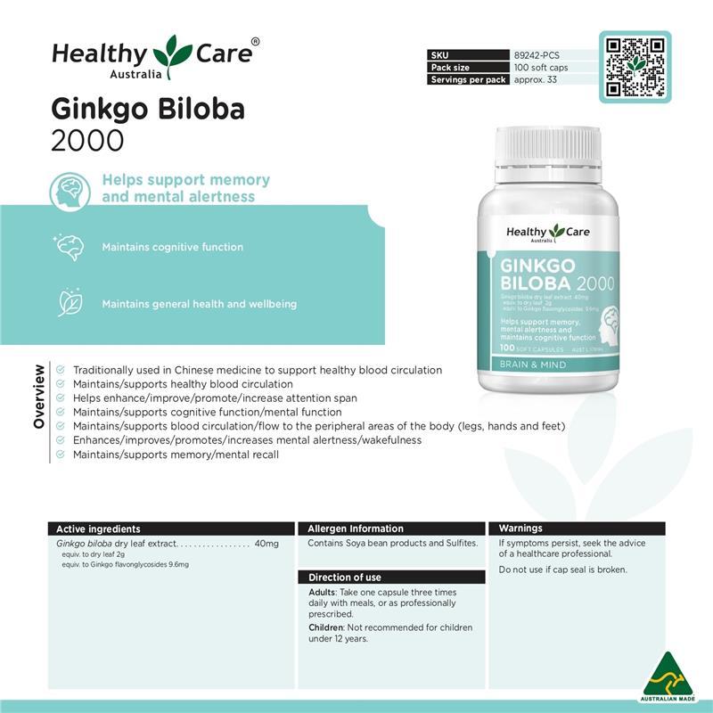 Healthy Care Ginkgo Biloba Capsules - Improves Cognitive Function & Mood Enhancement - Premium Dietary Supplement - All-Natural Ingredients - 100 Capsules - 2000 mg