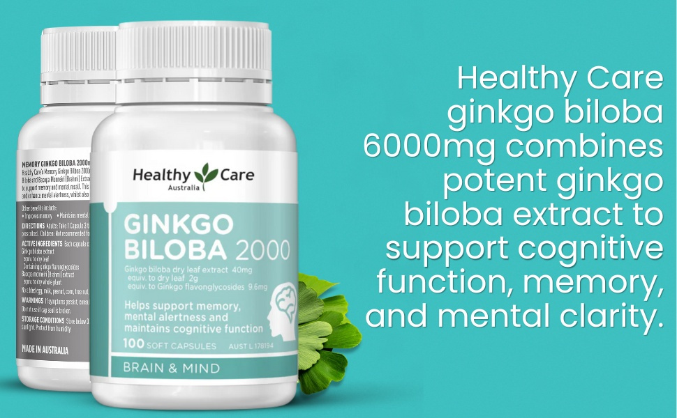 Healthy Care Ginkgo Biloba Capsules - Improves Cognitive Function & Mood Enhancement - Premium Dietary Supplement - All-Natural Ingredients - 100 Capsules - 2000 mg