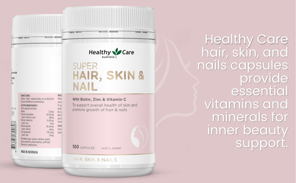 Healthy Care Super Hair, Skin and Nails Capsules - Infused with Biotin, Zinc & Vitamin C - Provides Enhanced Beauty and Promotes Skin Health - Premium Quality Dietary Supplement - 100 Capsules