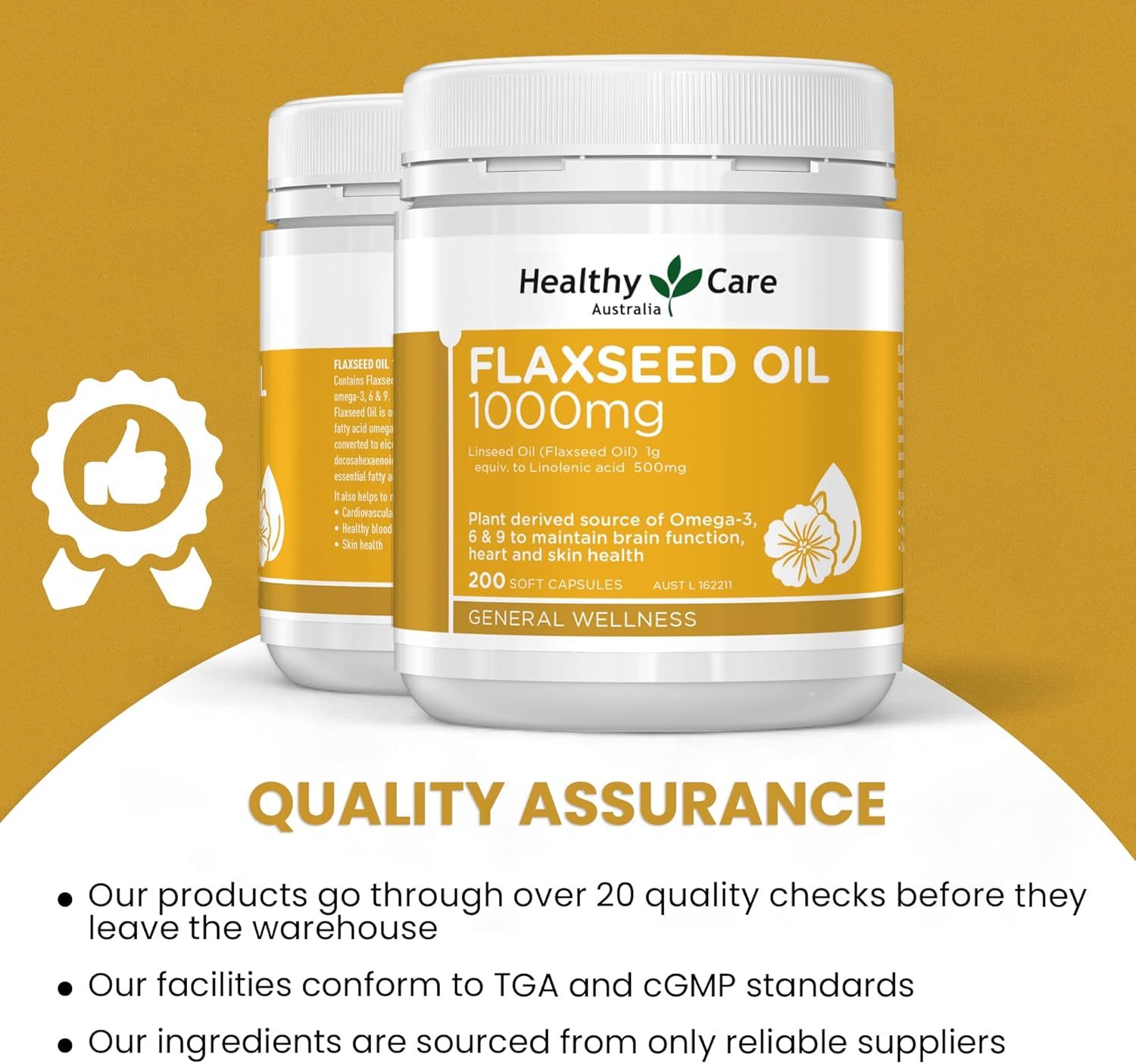 Healthy Care Super Flaxseed Oil Capsules - Premium Dietary Supplement for Heart, Brain & Skin - Supports Healthy Blood Circulation - Natural Flaxseed Oil - 1000 mg - 200 Capsules