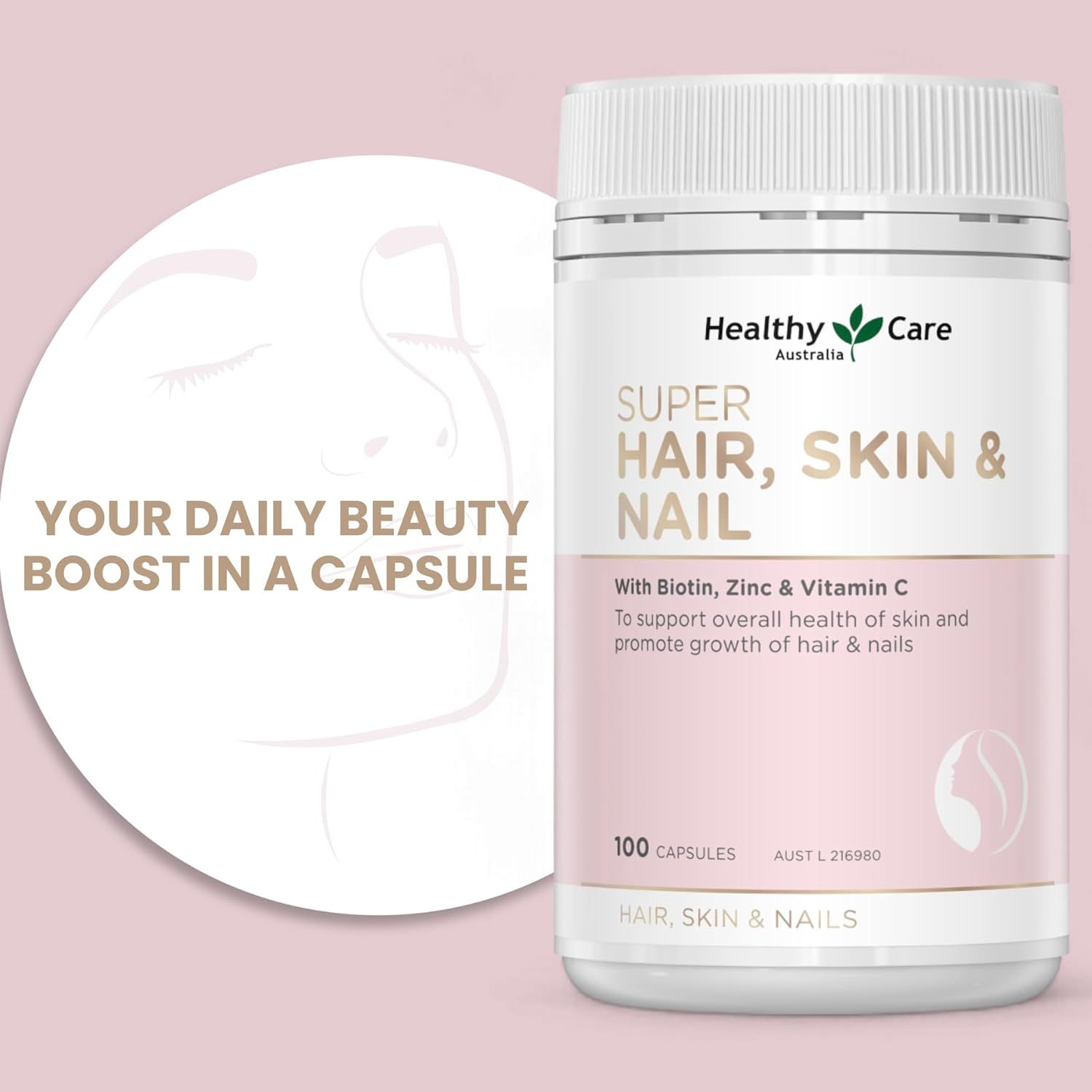 Healthy Care Super Hair, Skin and Nails Capsules - Infused with Biotin, Zinc & Vitamin C - Provides Enhanced Beauty and Promotes Skin Health - Premium Quality Dietary Supplement - 100 Capsules