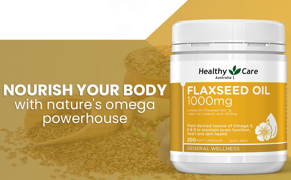 Healthy Care Super Flaxseed Oil Capsules - Premium Dietary Supplement for Heart, Brain & Skin - Supports Healthy Blood Circulation - Natural Flaxseed Oil - 1000 mg - 200 Capsules