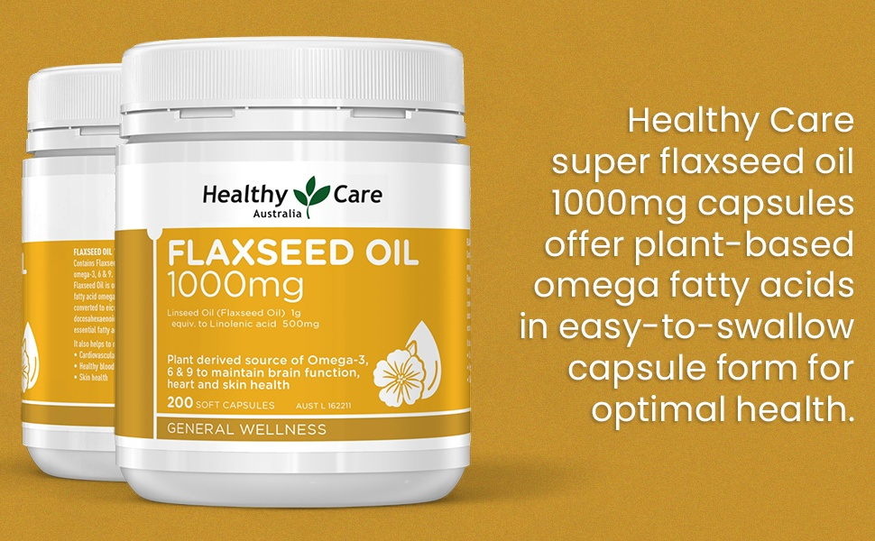 Healthy Care Super Flaxseed Oil Capsules - Premium Dietary Supplement for Heart, Brain & Skin - Supports Healthy Blood Circulation - Natural Flaxseed Oil - 1000 mg - 200 Capsules