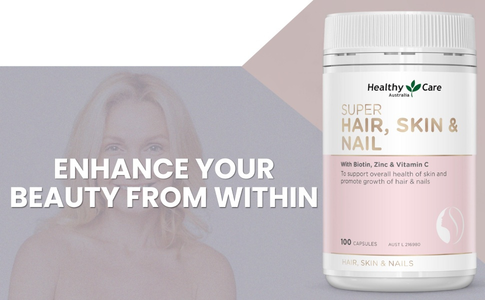 Healthy Care Super Hair, Skin and Nails Capsules - Infused with Biotin, Zinc & Vitamin C - Provides Enhanced Beauty and Promotes Skin Health - Premium Quality Dietary Supplement - 100 Capsules