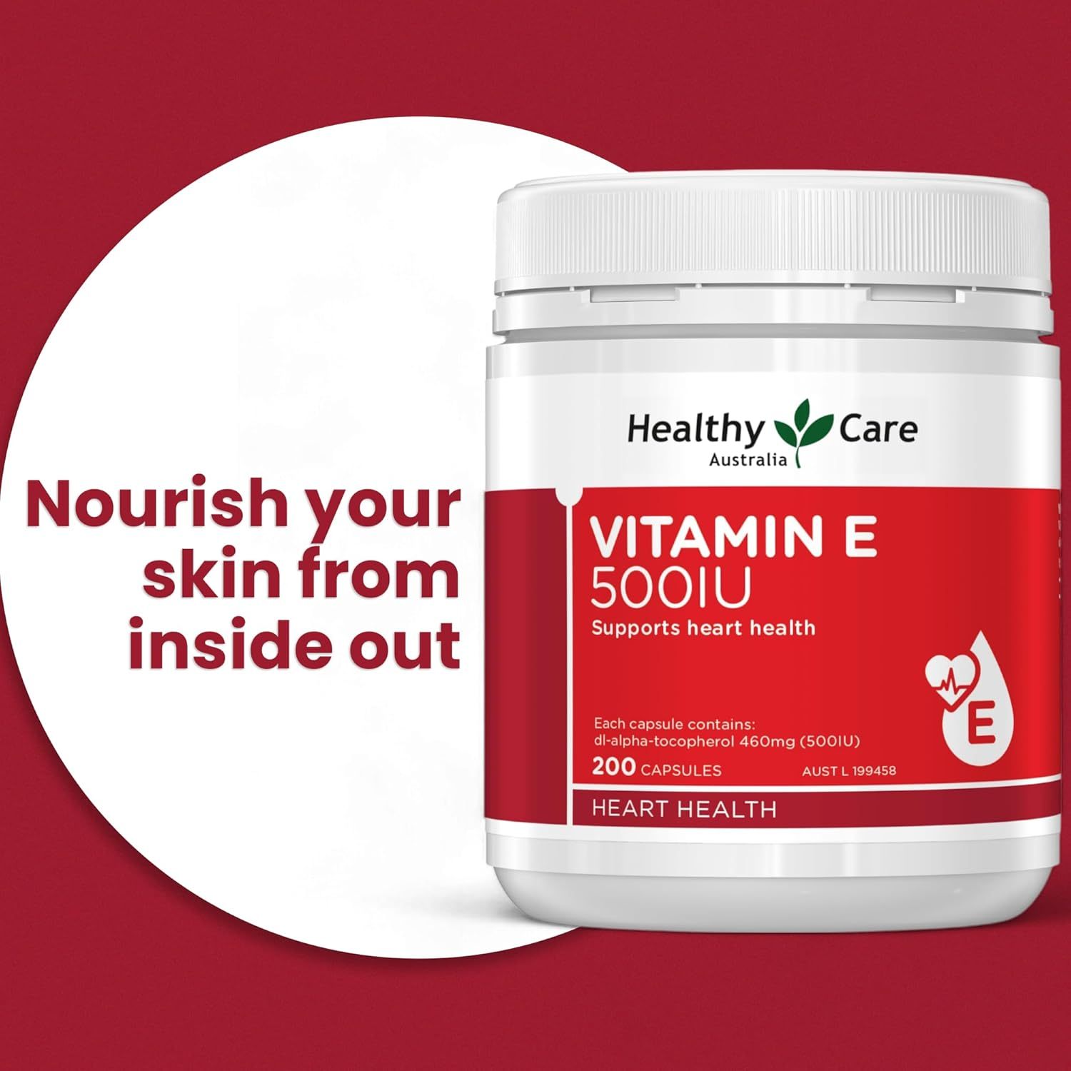 Healthy Care Vitamin E Capsule 500IU - Supports Heart Health and Provides Antioxidant Protection - Premium Quality Dietary Supplement - 200 Capsules