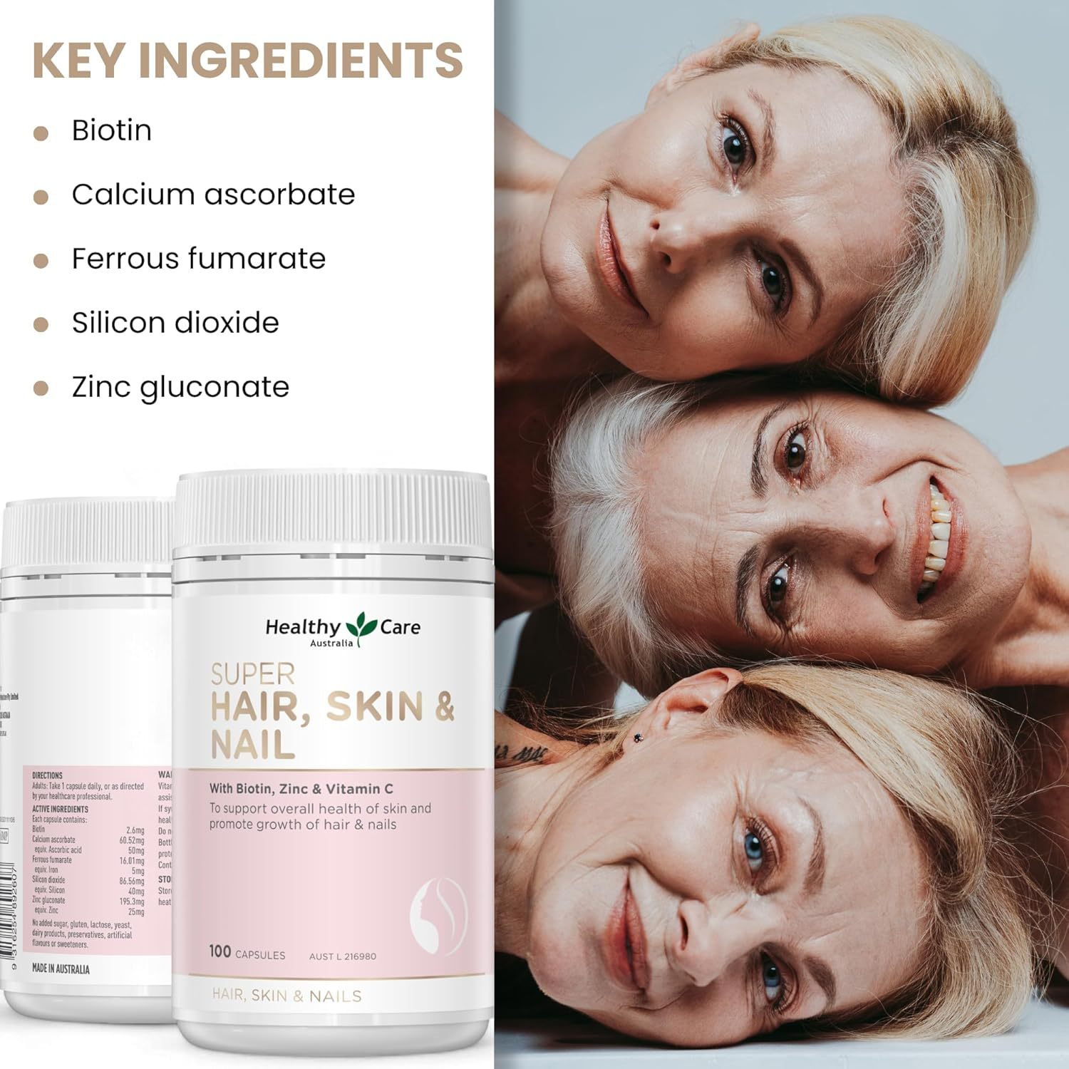 Healthy Care Super Hair, Skin and Nails Capsules - Infused with Biotin, Zinc & Vitamin C - Provides Enhanced Beauty and Promotes Skin Health - Premium Quality Dietary Supplement - 100 Capsules