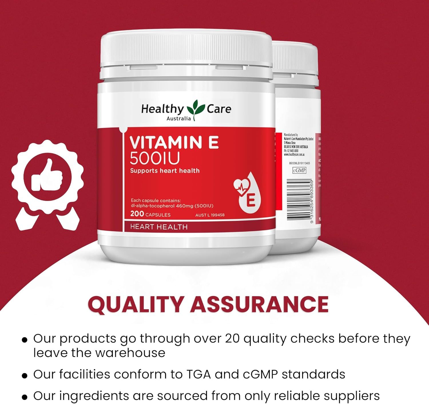 Healthy Care Vitamin E Capsule 500IU - Supports Heart Health and Provides Antioxidant Protection - Premium Quality Dietary Supplement - 200 Capsules