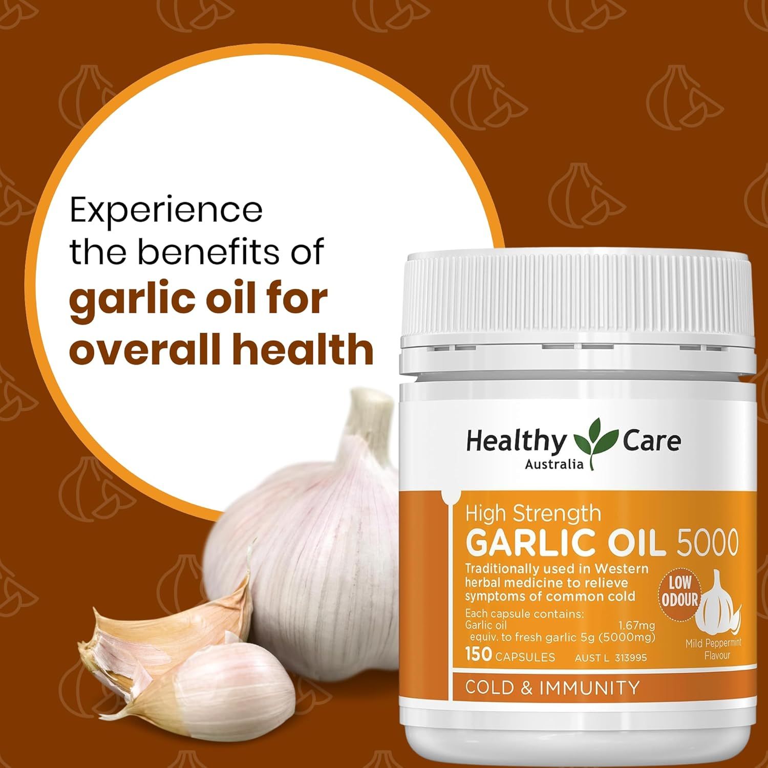Healthy Care High Strength Garlic Oil Capsules - Supports Immune and Cardiovascular Health - Premium Dietary Supplement - All-Natural Ingredients - 150 Capsules