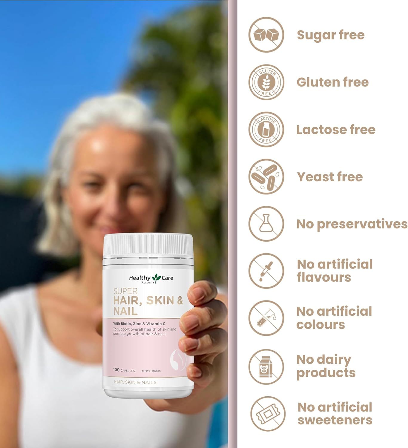 Healthy Care Super Hair, Skin and Nails Capsules - Infused with Biotin, Zinc & Vitamin C - Provides Enhanced Beauty and Promotes Skin Health - Premium Quality Dietary Supplement - 100 Capsules