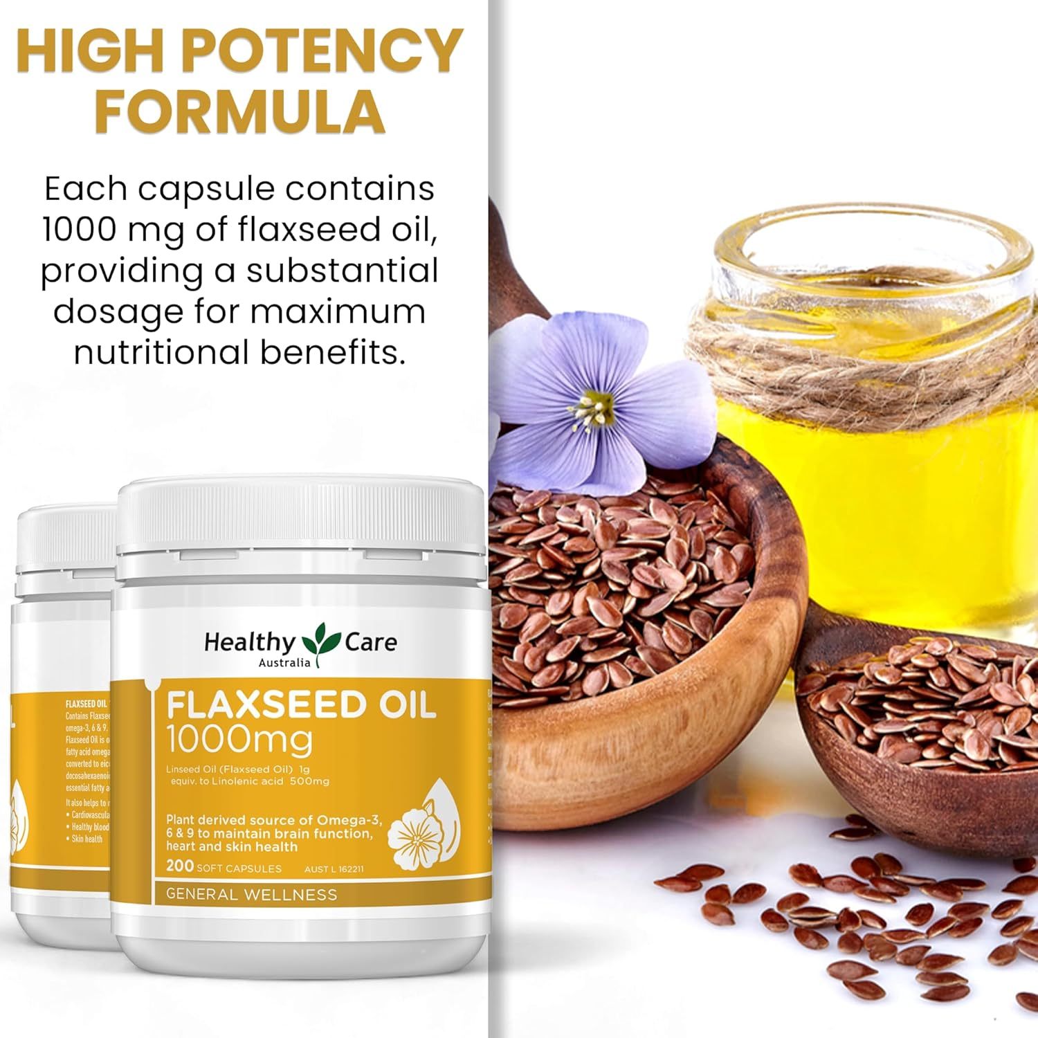 Healthy Care Super Flaxseed Oil Capsules - Premium Dietary Supplement for Heart, Brain & Skin - Supports Healthy Blood Circulation - Natural Flaxseed Oil - 1000 mg - 200 Capsules