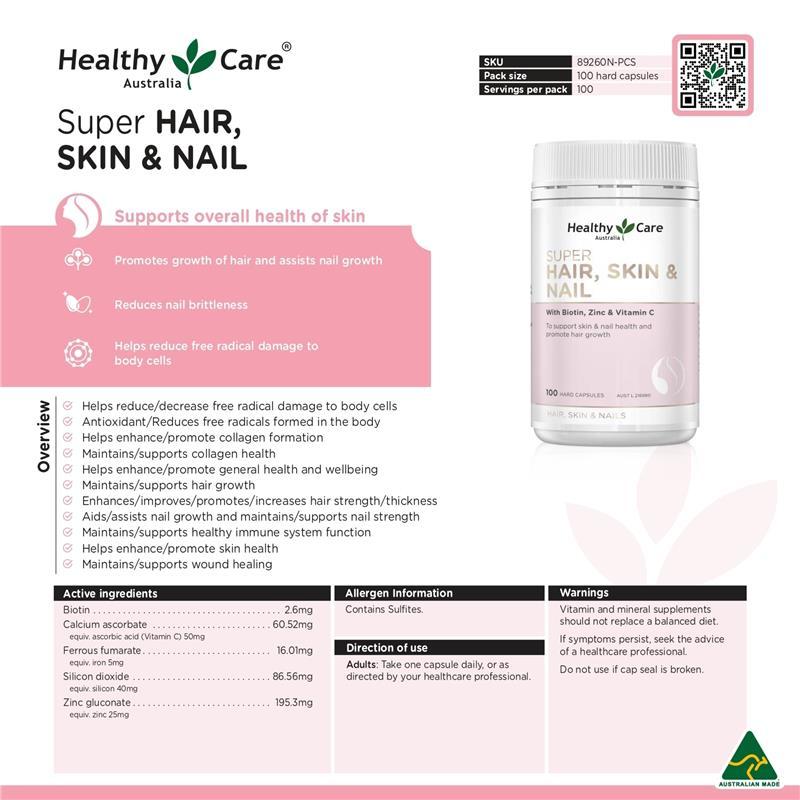 Healthy Care Super Hair, Skin and Nails Capsules - Infused with Biotin, Zinc & Vitamin C - Provides Enhanced Beauty and Promotes Skin Health - Premium Quality Dietary Supplement - 100 Capsules