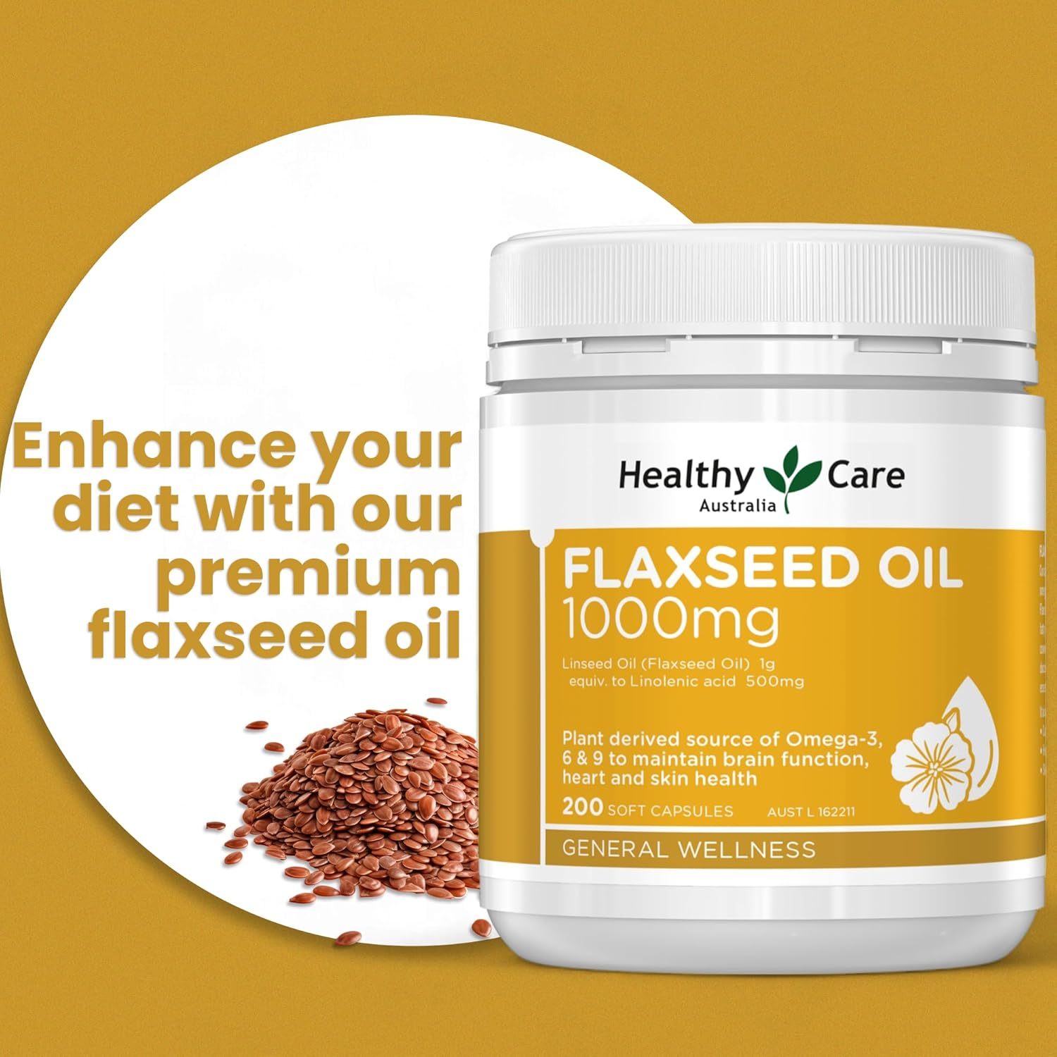 Healthy Care Super Flaxseed Oil Capsules - Premium Dietary Supplement for Heart, Brain & Skin - Supports Healthy Blood Circulation - Natural Flaxseed Oil - 1000 mg - 200 Capsules