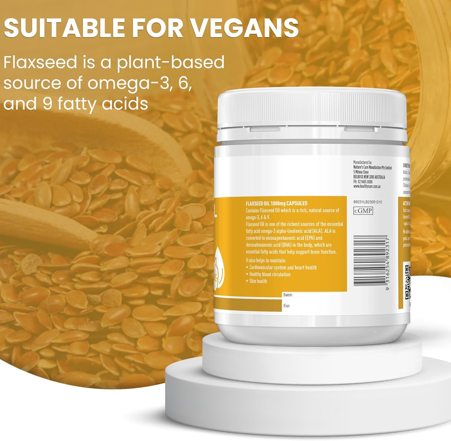 Healthy Care Super Flaxseed Oil Capsules - Premium Dietary Supplement for Heart, Brain & Skin - Supports Healthy Blood Circulation - Natural Flaxseed Oil - 1000 mg - 200 Capsules