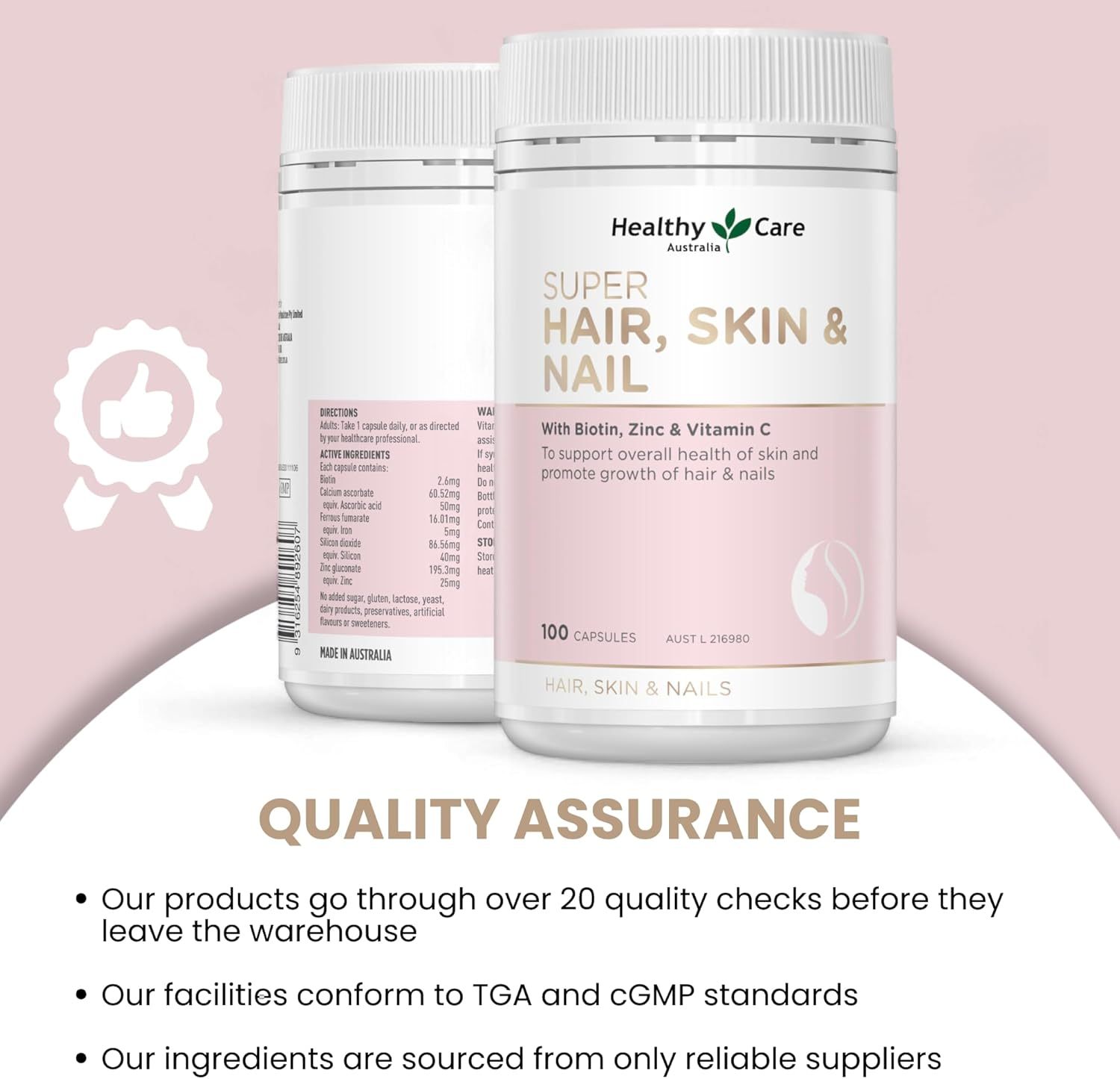 Healthy Care Super Hair, Skin and Nails Capsules - Infused with Biotin, Zinc & Vitamin C - Provides Enhanced Beauty and Promotes Skin Health - Premium Quality Dietary Supplement - 100 Capsules