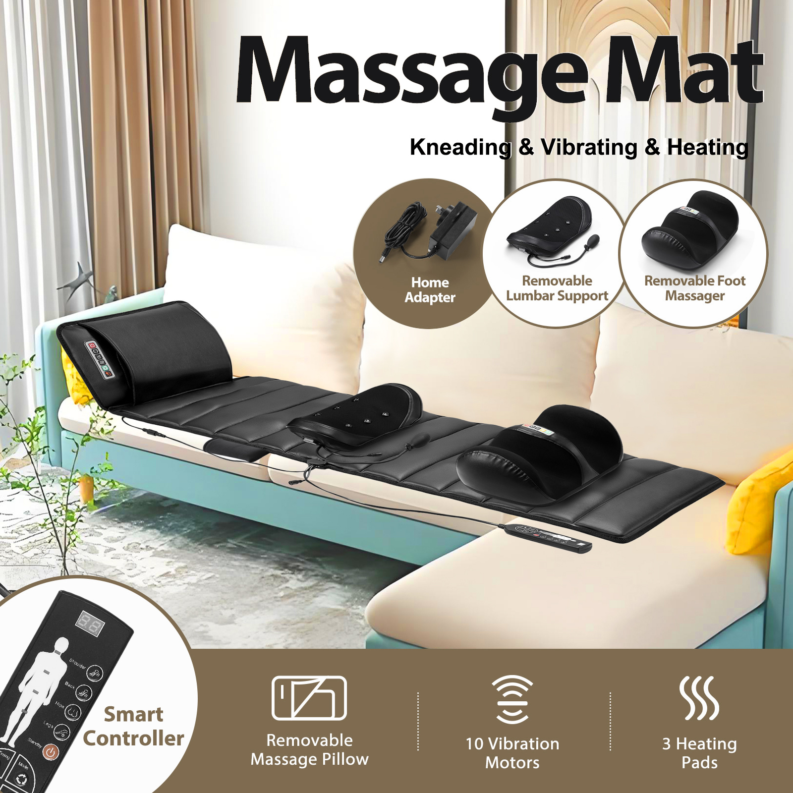 Maxkon Full Body Massage Mat Heated Foot Back Massager Shiatsu Vibration Lumbar Support Neck Leg Relax Electric Heating Pad Chair Recliner Seat Cushion