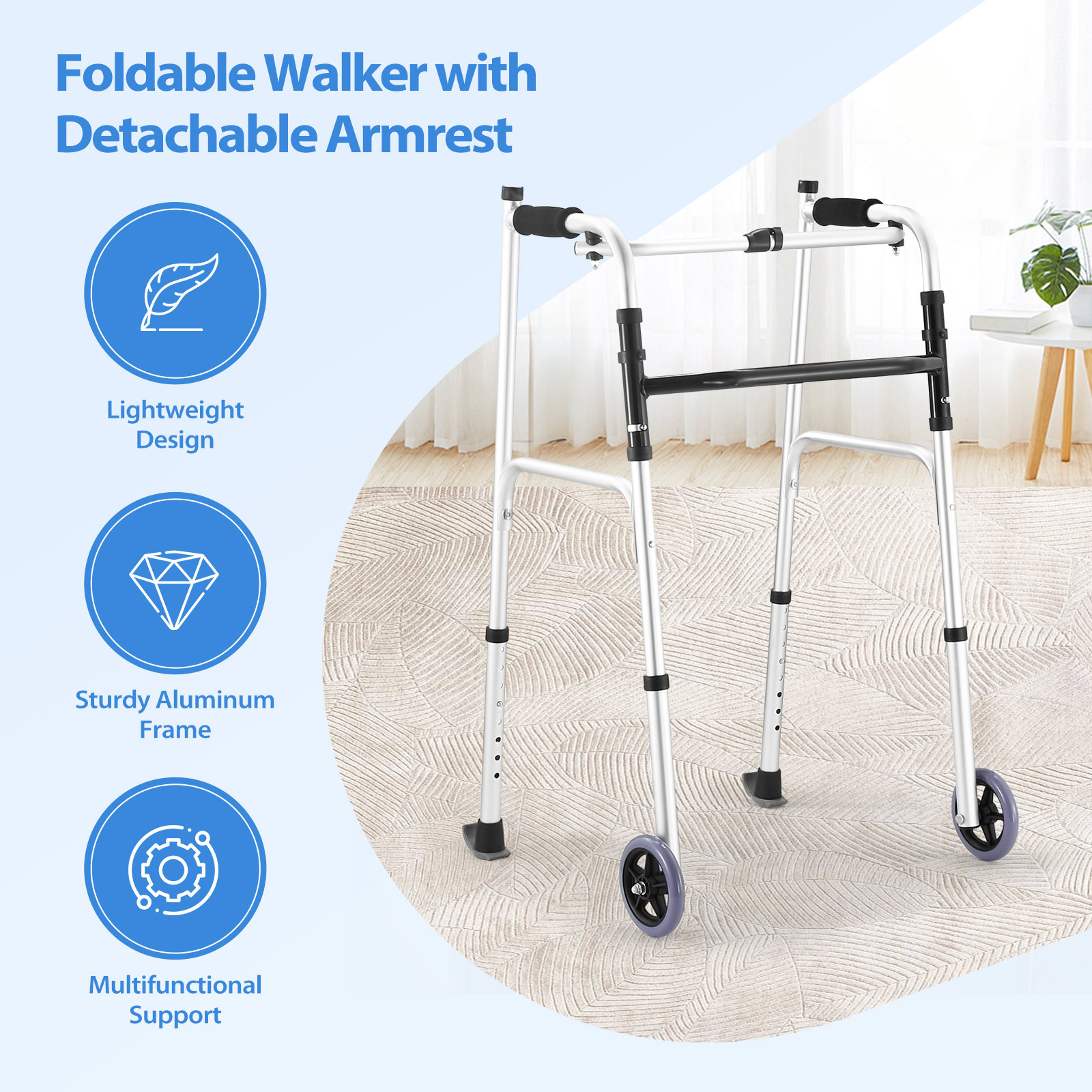 Genki 2in1 Folding Walker Medical Aid Elderly Mobility Walking Height Arm Adjustable Toilet Outdoor Aluminium Wheels Lightweight