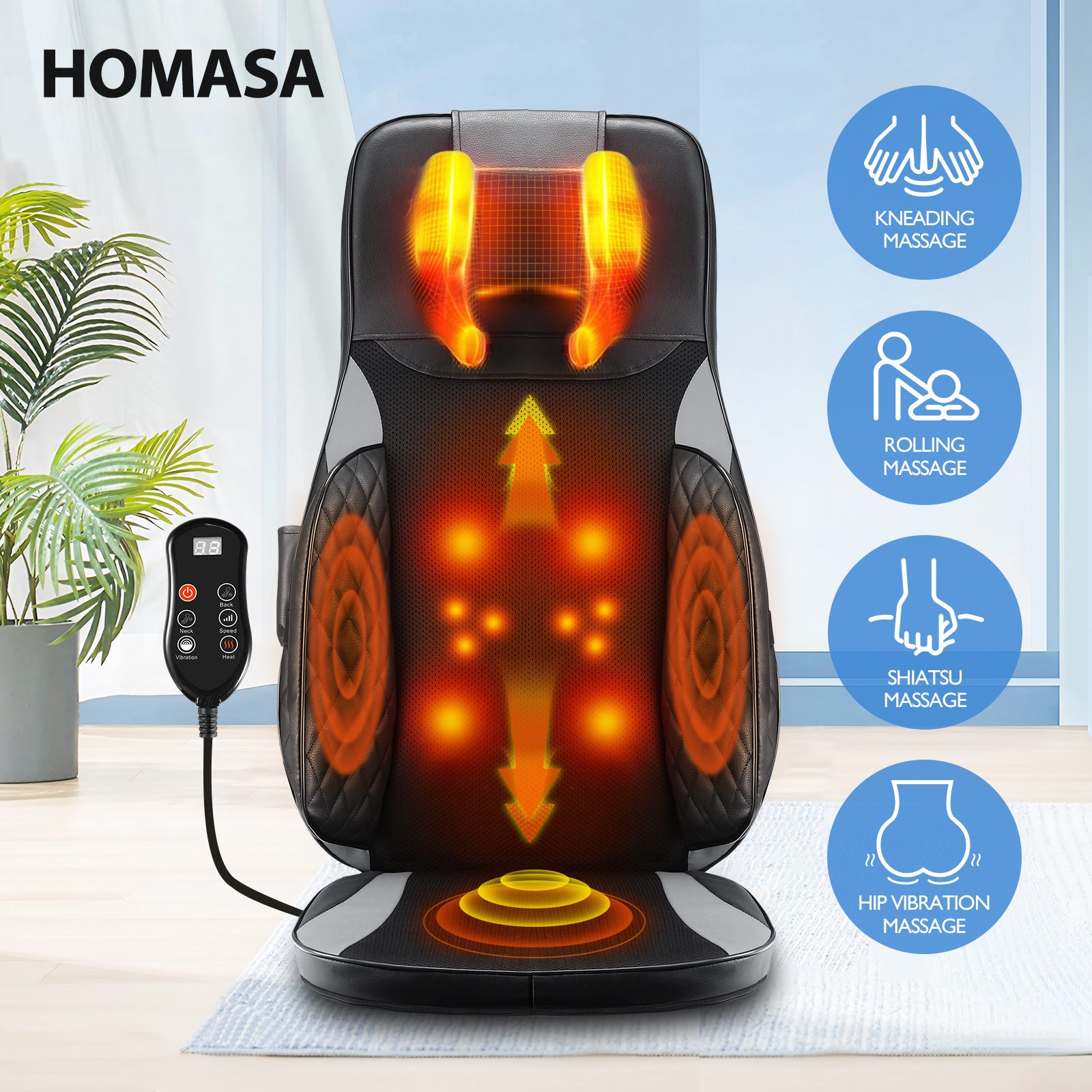 Maxkon Full Body Massage Cushion Chair Back Neck Massager Seat Shiatsu Massaging Pad Vibration Heat Kneading Rolling with Remote Pillow