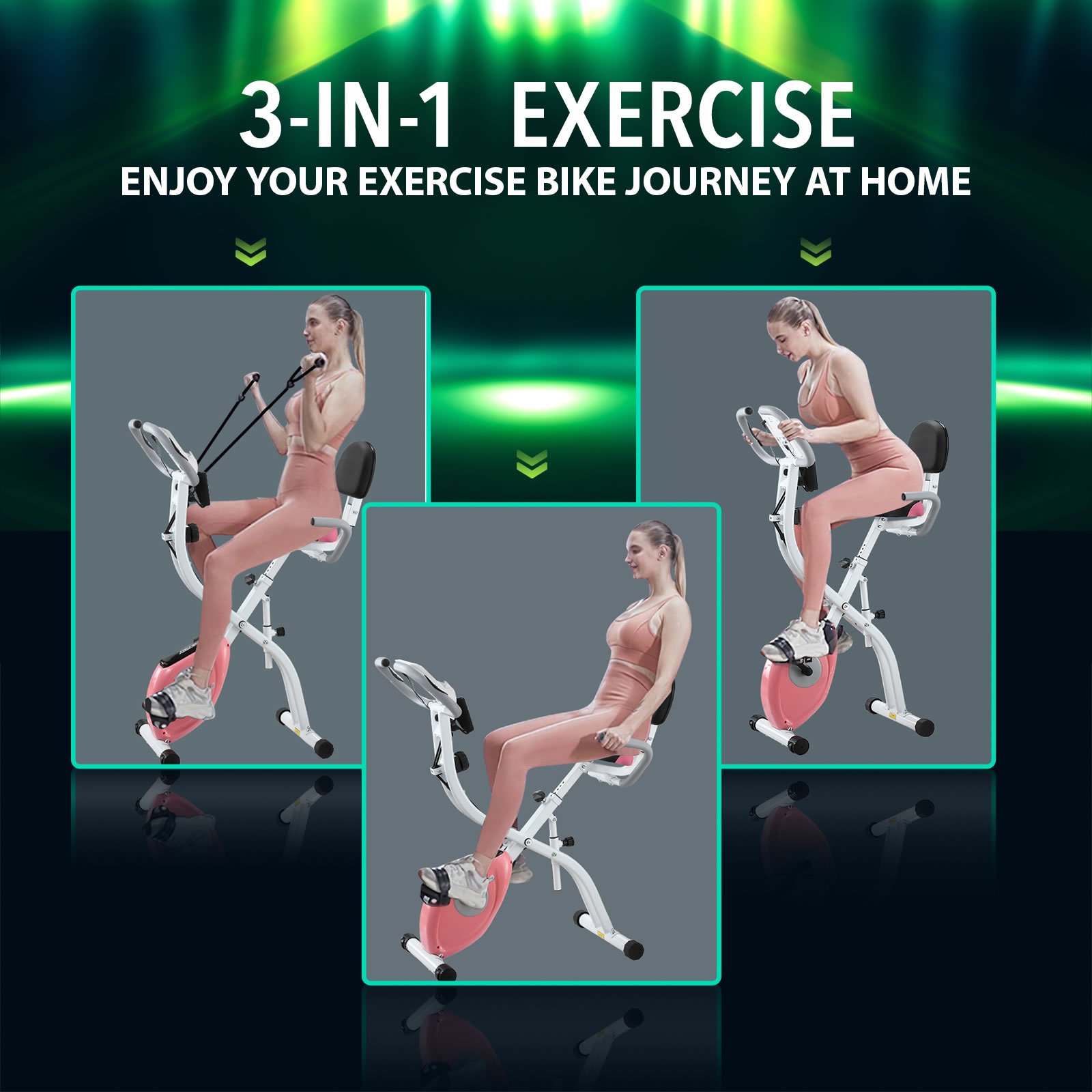 Genki 3 In 1 Exercise X Bike Trainer Recumbent Home Gym Fitness Workout Equipment Upright Bicycle Machine Folding 10 Resistance Band Backrest