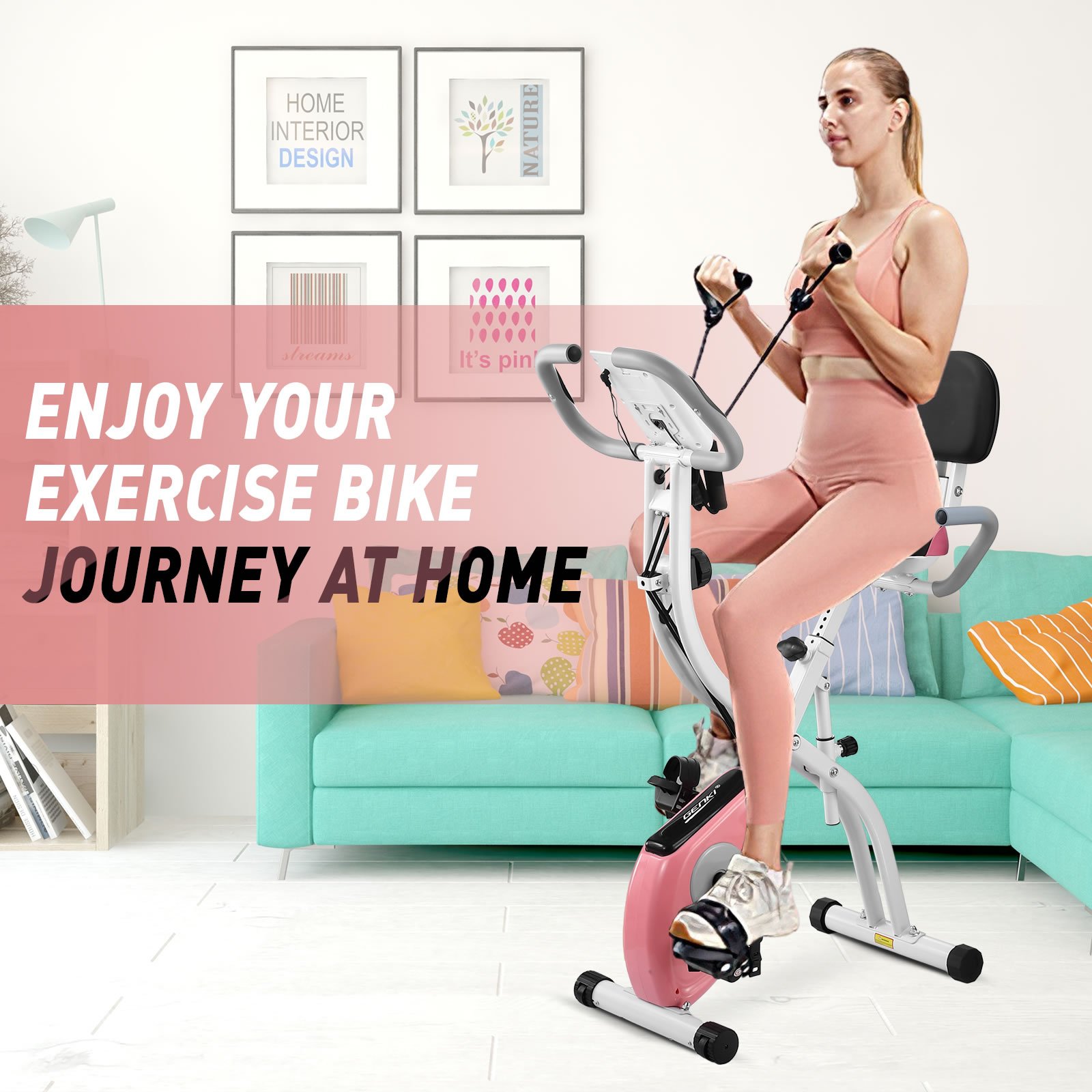 Genki 3 In 1 Exercise X Bike Trainer Recumbent Home Gym Fitness Workout Equipment Upright Bicycle Machine Folding 10 Resistance Band Backrest