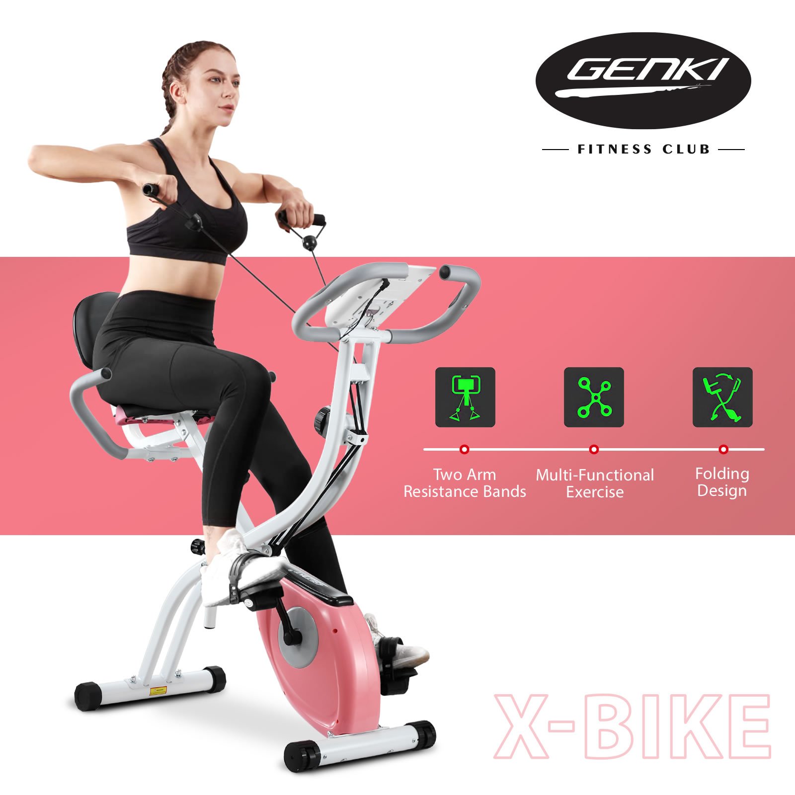 Genki 3 In 1 Exercise X Bike Trainer Recumbent Home Gym Fitness Workout Equipment Upright Bicycle Machine Folding 10 Resistance Band Backrest