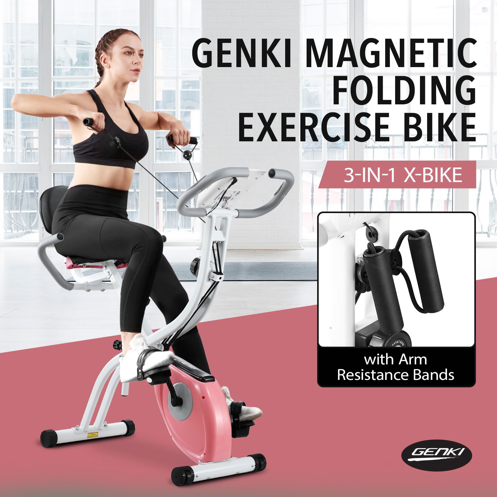 Genki 3 In 1 Exercise X Bike Trainer Recumbent Home Gym Fitness Workout Equipment Upright Bicycle Machine Folding 10 Resistance Band Backrest