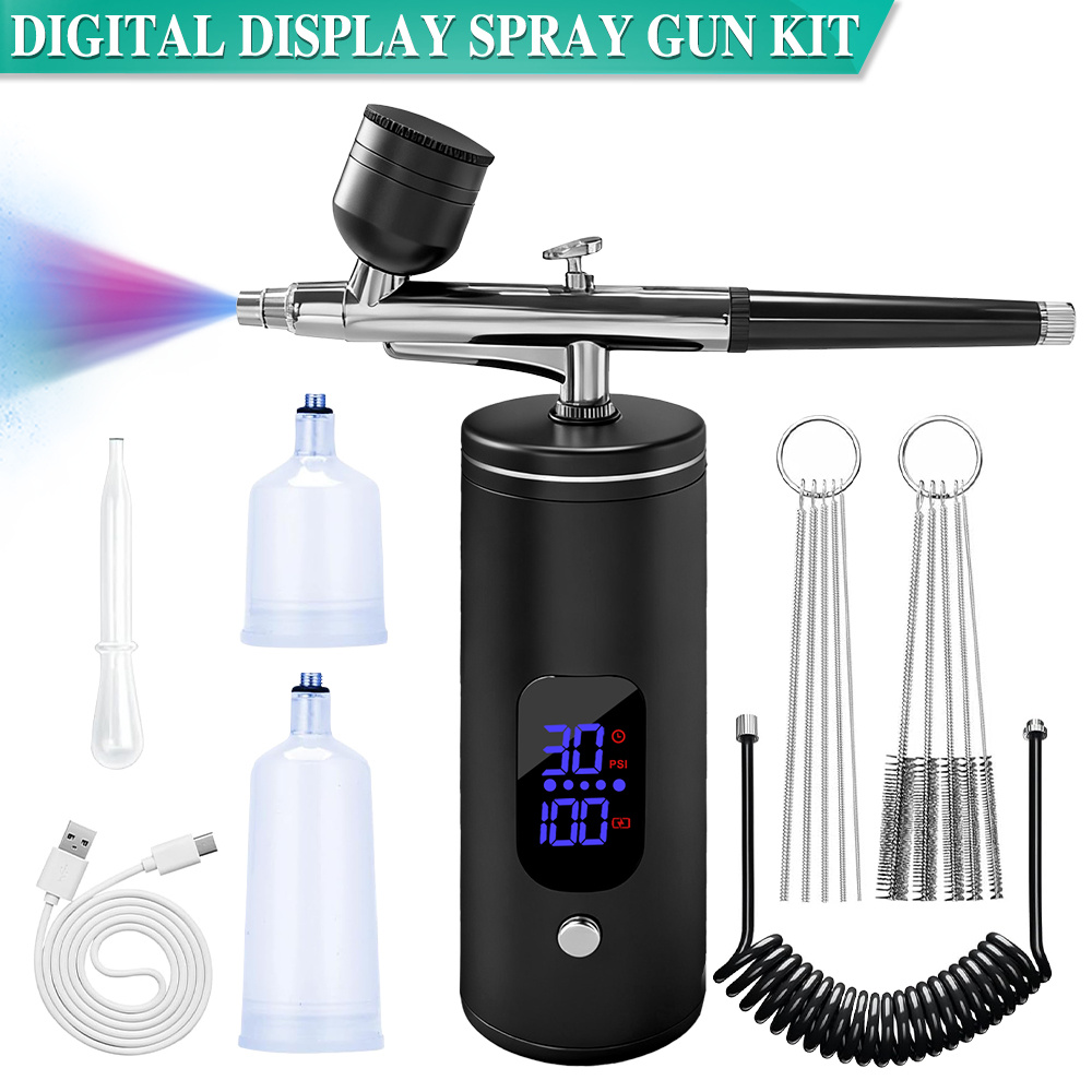 TEMU Usb Rechargeable Handheld Spray Gun Kit, Metal Air Brush Kit With Adjustable High-medium-, Digital Display, Extended Hose, Rechargeable Portable