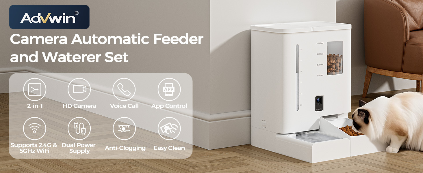 Advwin 2in1 Automatic Cat Feeder Waterer Set, 5G/2.4G WiFi Camera Pet Feeder With 2K HD Video And Night Vision, APP Control, Large Capacity Feeder For Cats And Small Dogs