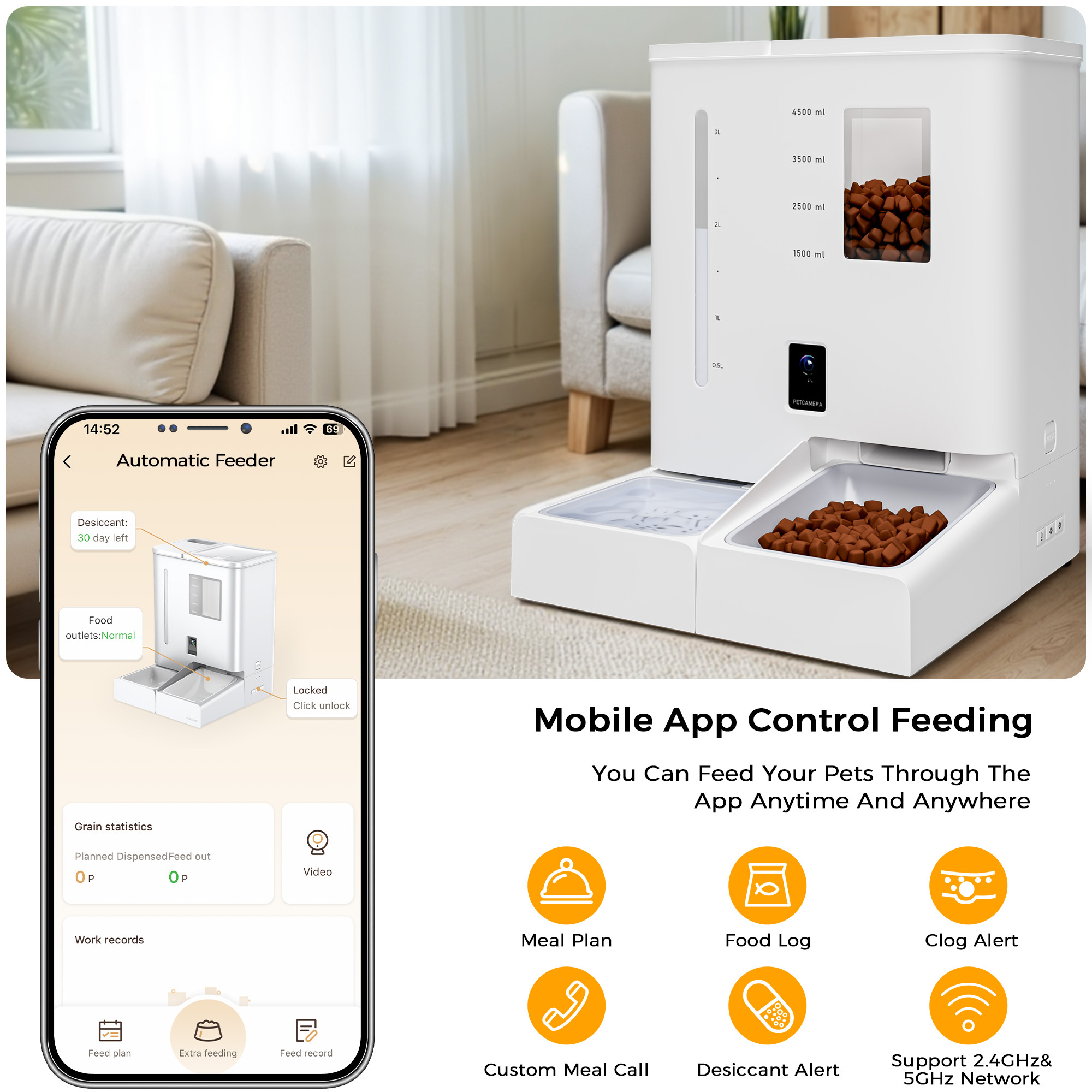 Advwin 2in1 Automatic Cat Feeder Waterer Set, 5G/2.4G WiFi Camera Pet Feeder With 2K HD Video And Night Vision, APP Control, Large Capacity Feeder For Cats And Small Dogs