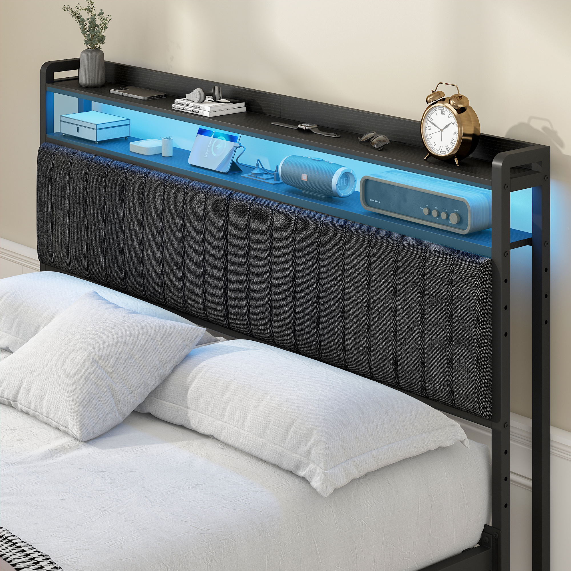 TEMU Advwin Headboard Queen/double Size With 2-tier Storage,industrial Headboards With Outlets, Usb Ports And Led Light, Adjustable Height Linen