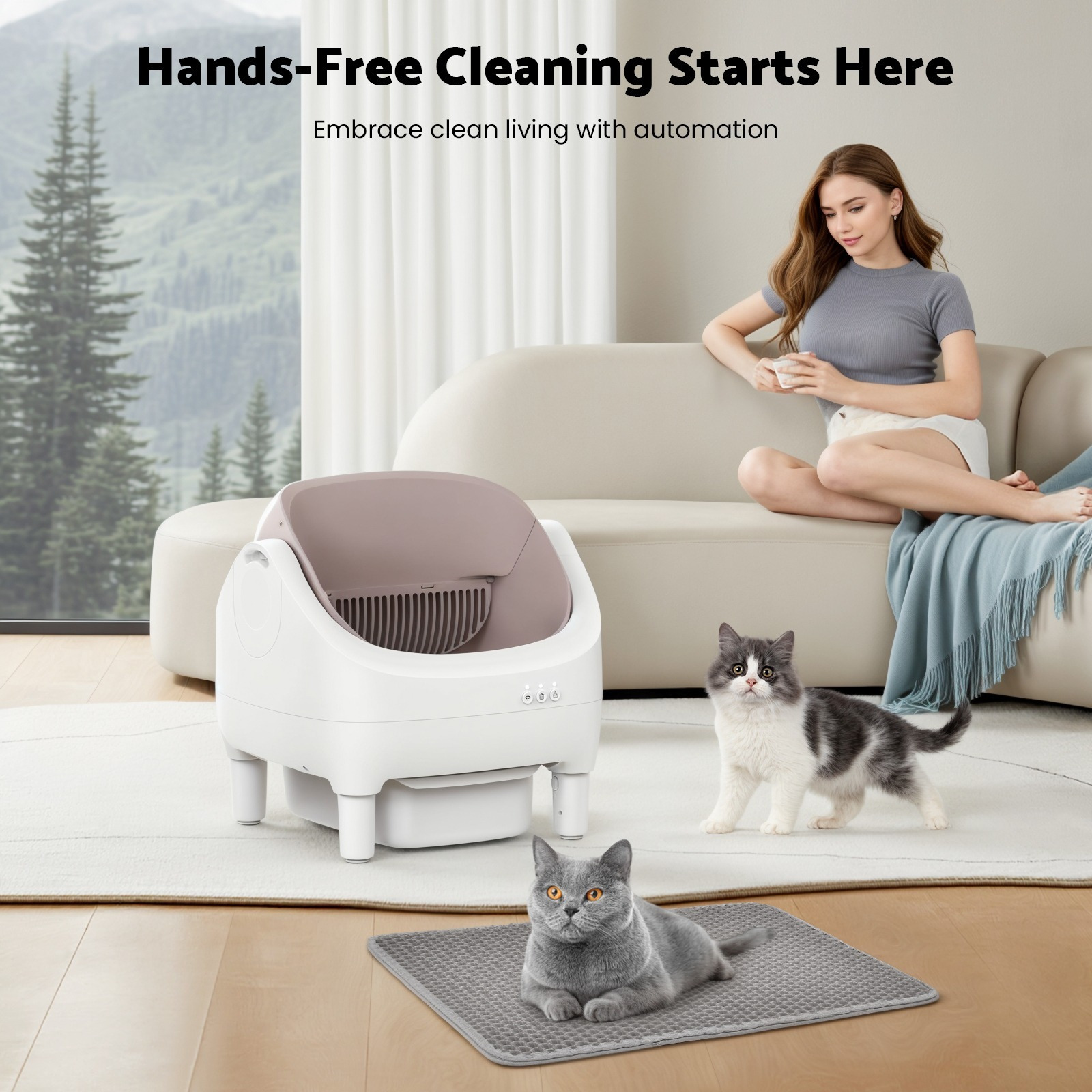 Advwin Self Cleaning Cat Litter Box Open Design, Automatic Litter Scooping Robot With Garbage Bags And Litter Mat, Anti Pinch, Odor-Seal, Extra Large Cleaning Cat Litter Tray For Multi Cats Kitty