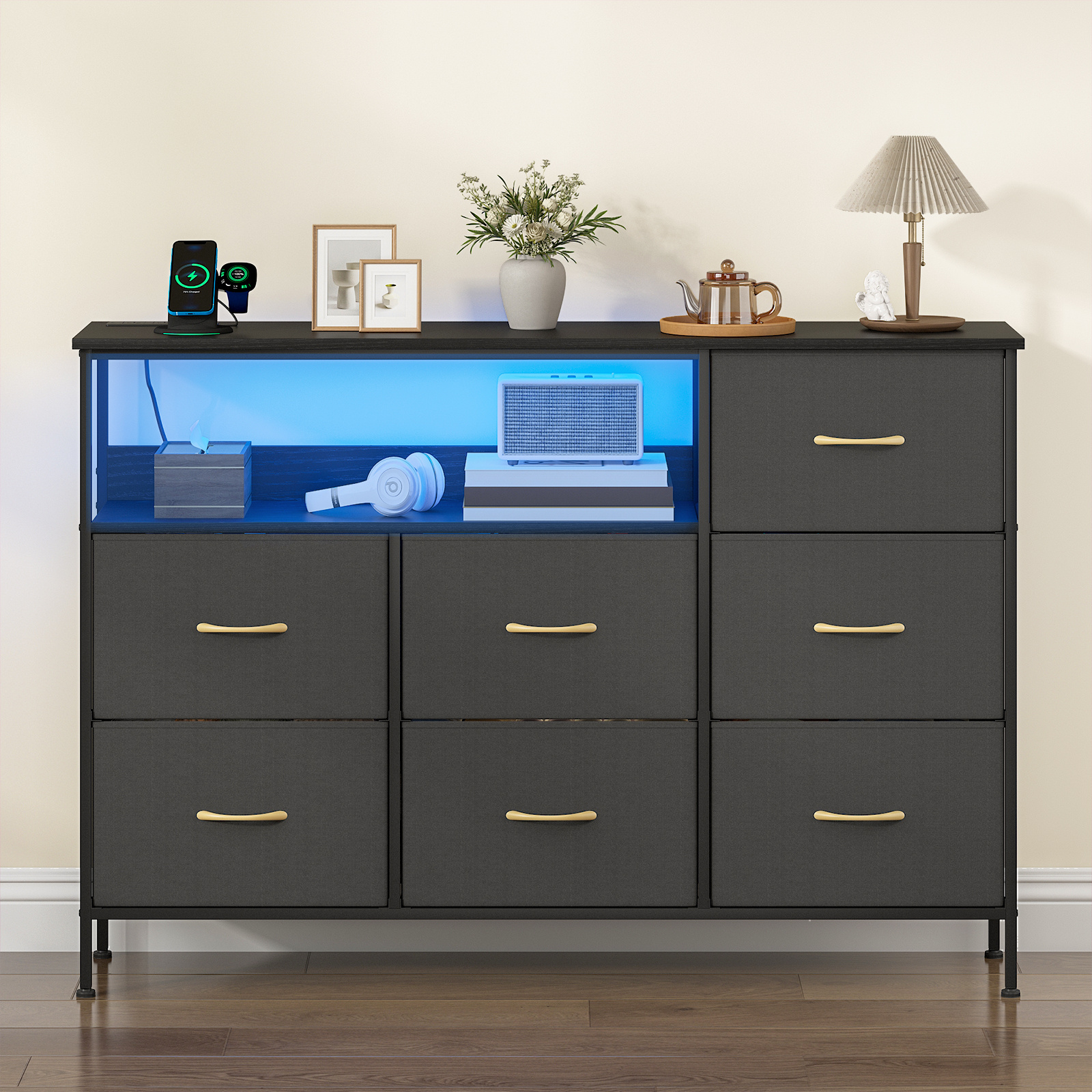 TEMU Advwin Chest Of 7 Drawers Storage Cabinet With Power Outlets & Usb Charging Station, Led Lights & Open Shelves, Fabric Dresser For Closet