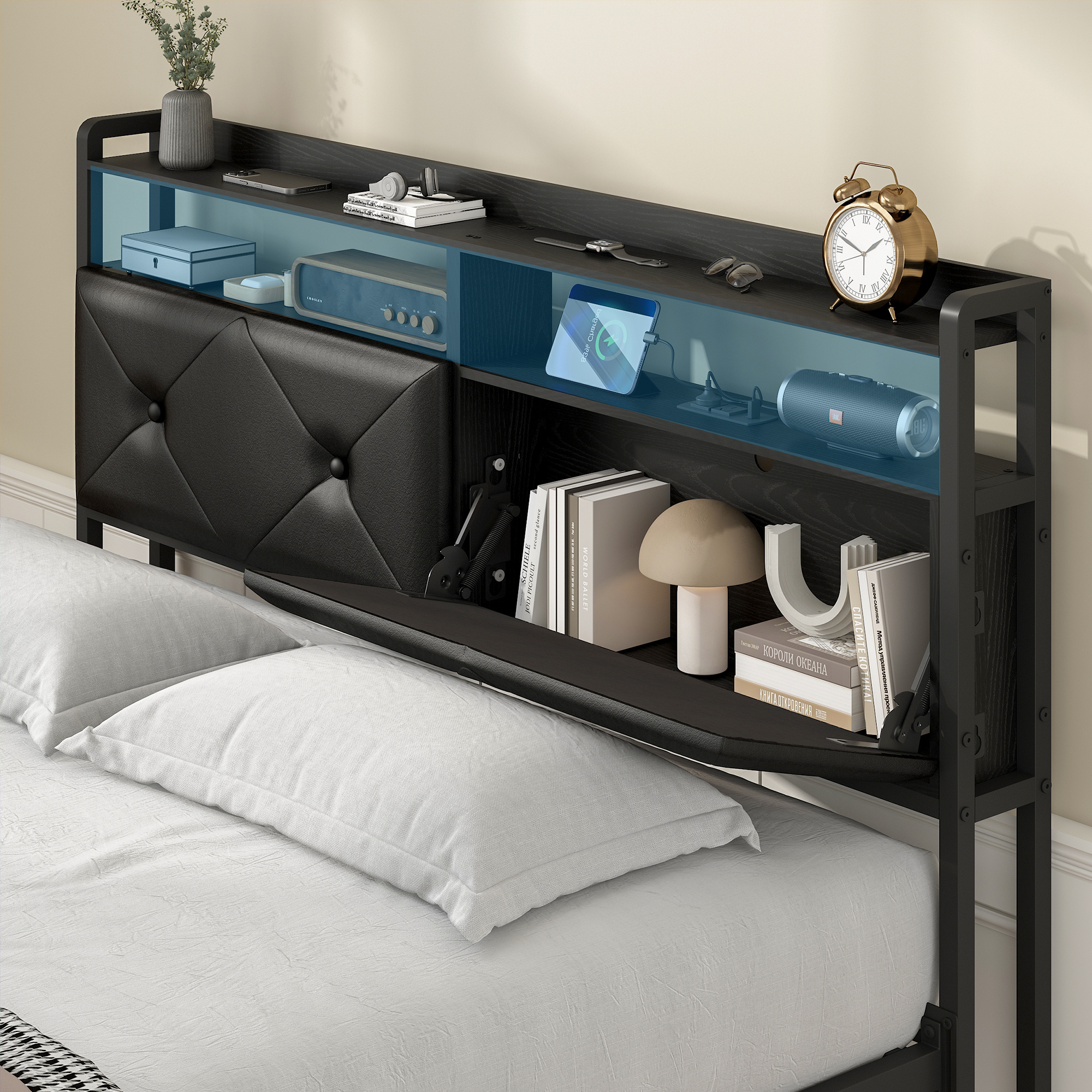 TEMU Advwin Headboard Queen/double Size With 2-tier Shelves And Hidden Storage Spaces,industrial Headboards With Outlets, Usb Ports And Led Light, Pu