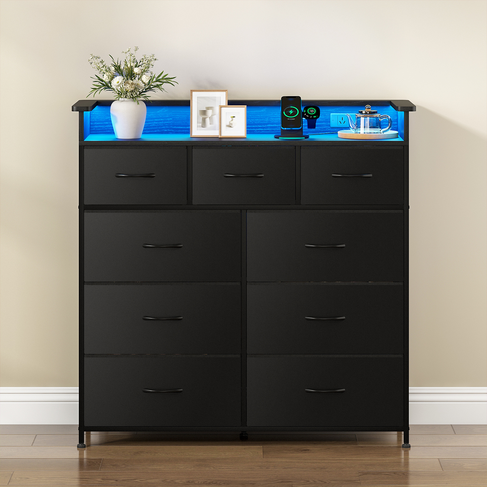 TEMU Advwin Chest Of 9 Drawers Storage Cabinet With Power Outlets & Usb Charging Station, Led Lights & Open Shelves, Fabric Dresser For Closet